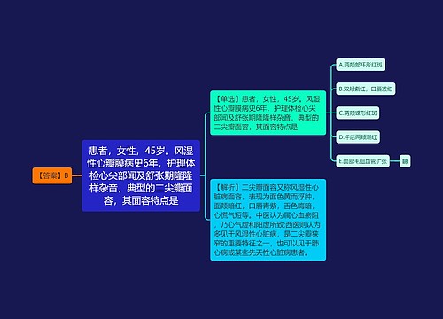 患者，女性，45岁。风湿性心瓣膜病史6年，护理体检心尖部闻及舒张期隆隆样杂音，典型的二尖瓣面容，其面容特点是