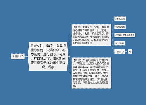 患者女性，50岁，有风湿性心脏病二尖瓣狭窄、心力衰竭，进行强心、利尿、扩血管治疗。用药期间要注意有无洋地黄中毒表现，观察