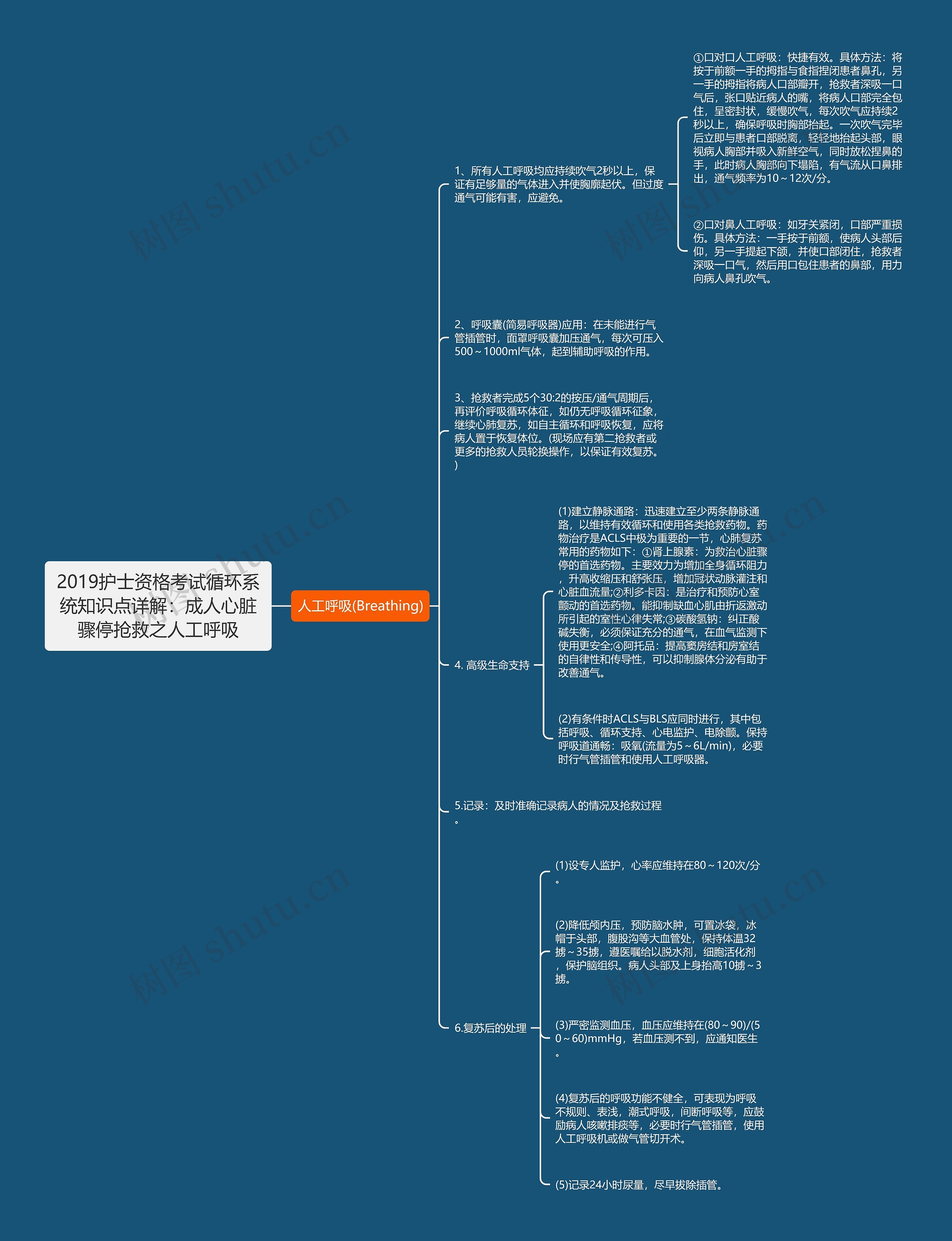 2019护士资格考试循环系统知识点详解：成人心脏骤停抢救之人工呼吸思维导图