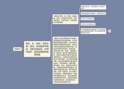 患者，女，68岁。突发头痛，呕吐，左侧肢体不能动，诊断为脑出血，行保守治疗，目前正确的护理措施是