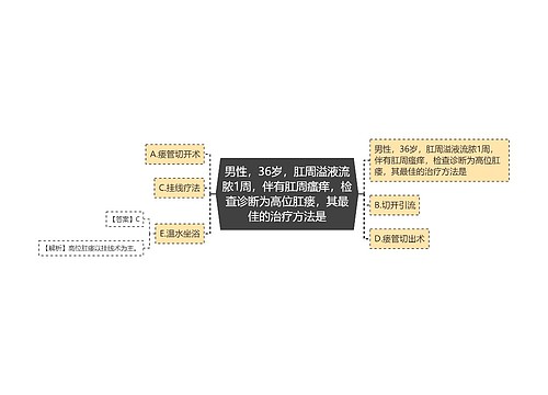 男性，36岁，肛周溢液流脓1周，伴有肛周瘙痒，检查诊断为高位肛瘘，其最佳的治疗方法是思维导图