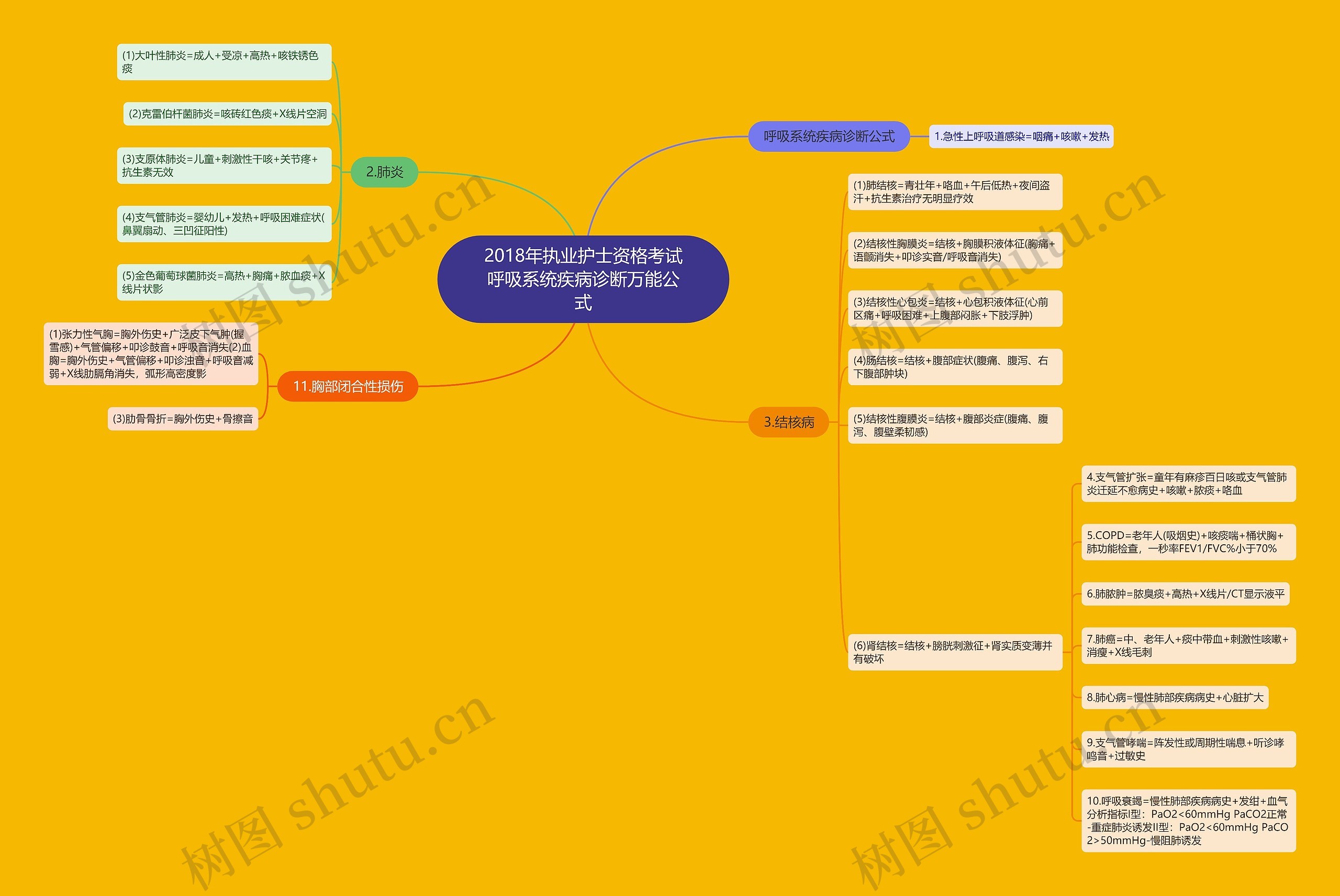 2018年执业护士资格考试呼吸系统疾病诊断万能公式思维导图