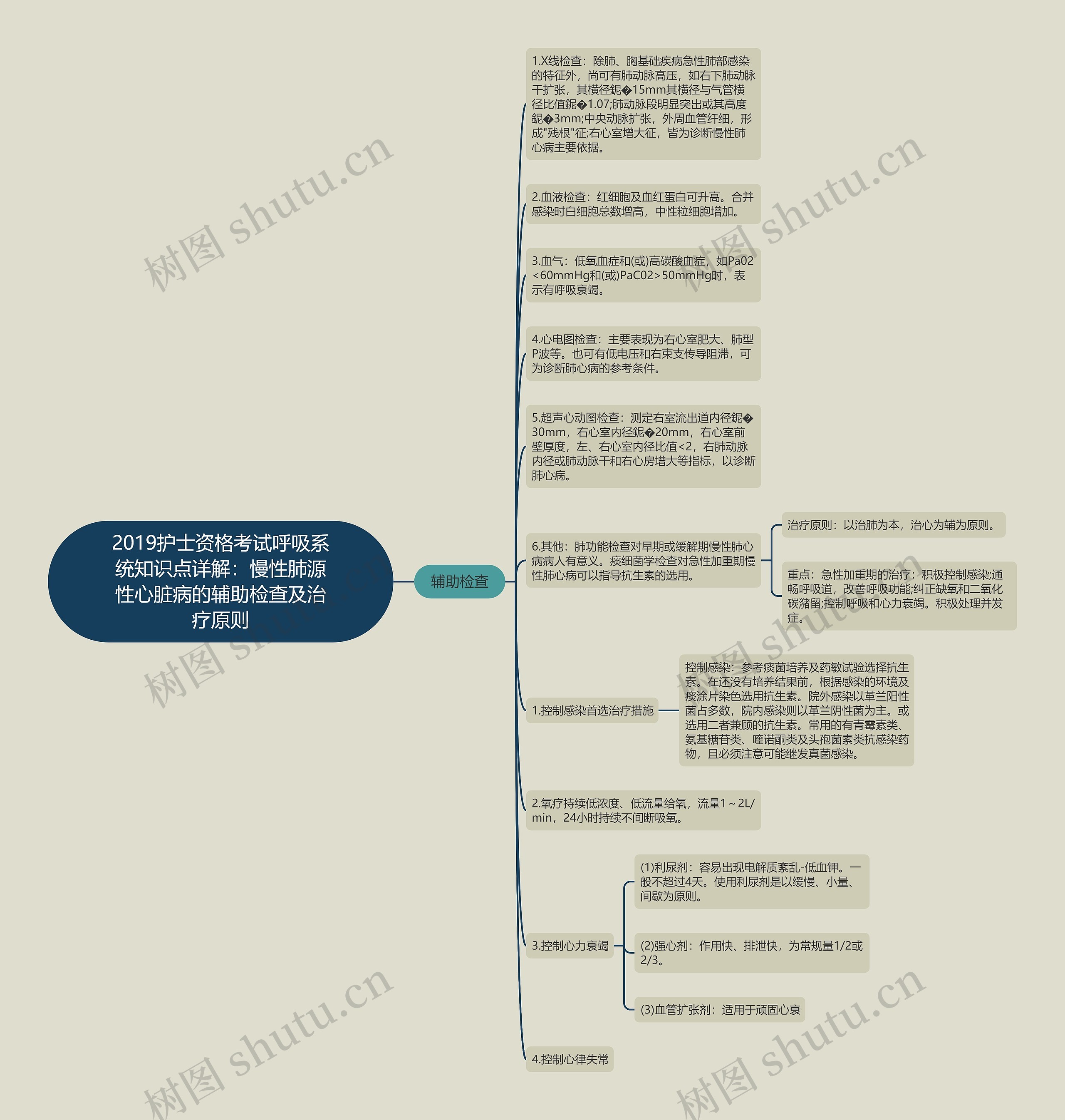 2019护士资格考试呼吸系统知识点详解：慢性肺源性心脏病的辅助检查及治疗原则思维导图