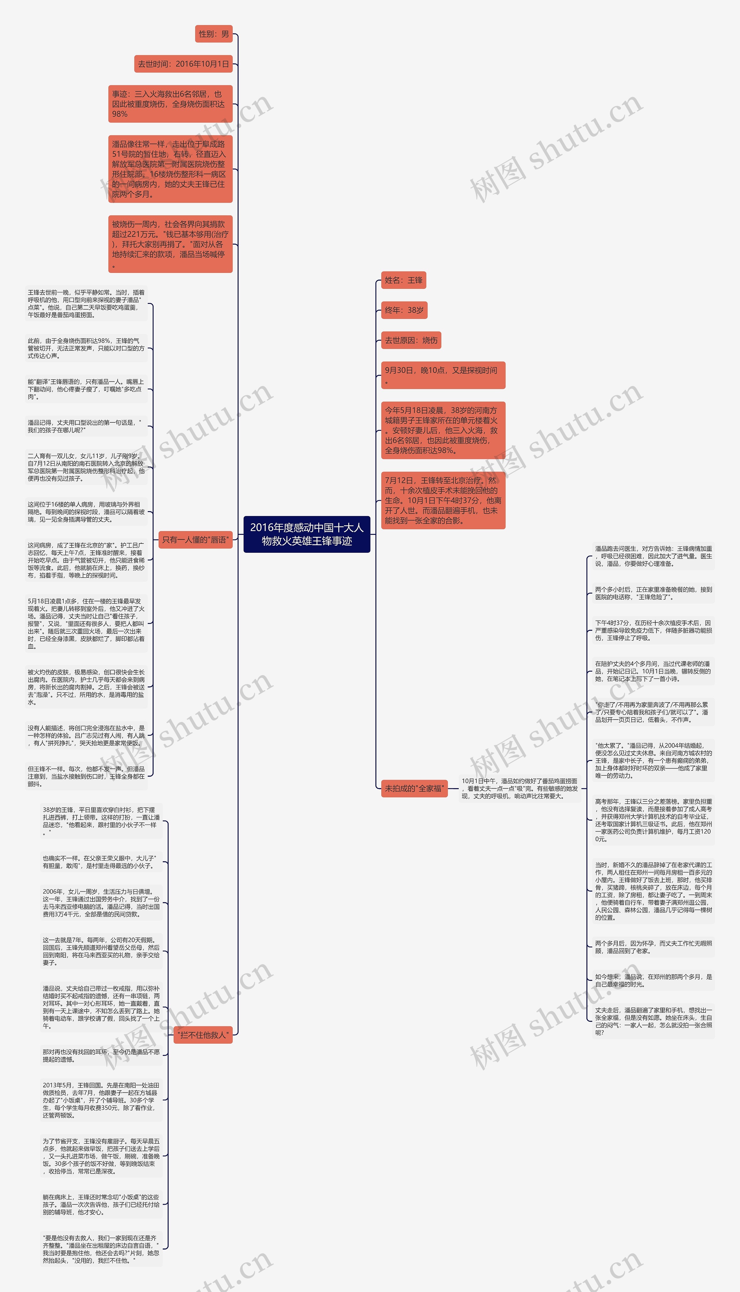 2016年度感动中国十大人物救火英雄王锋事迹思维导图