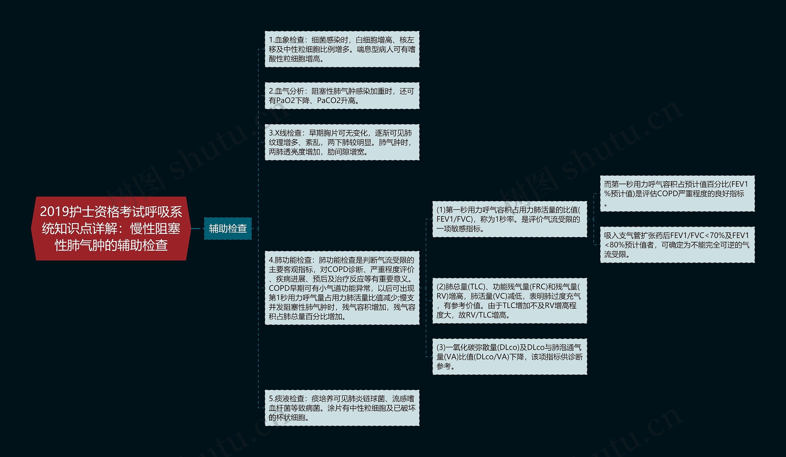 2019护士资格考试呼吸系统知识点详解：慢性阻塞性肺气肿的辅助检查思维导图