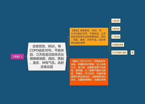 患者男性，86岁。有COPD病史30年。平素体弱，三天前受凉后再次出现咳嗽咳痰，痰白、质黏、量多，伴有气急。此时患者应避