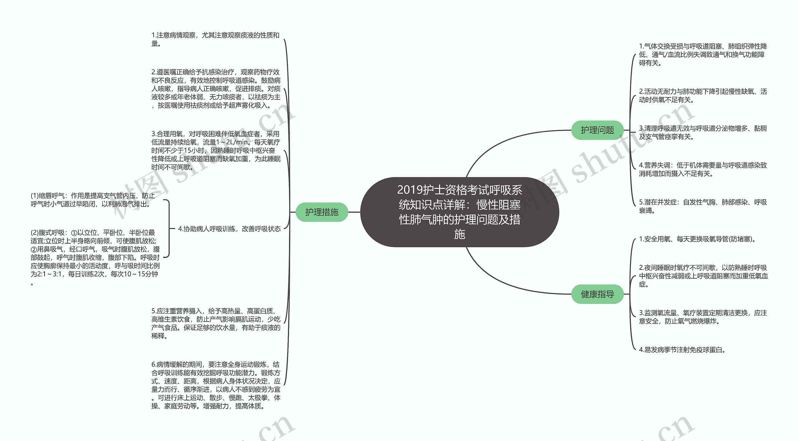 2019护士资格考试呼吸系统知识点详解：慢性阻塞性肺气肿的护理问题及措施思维导图