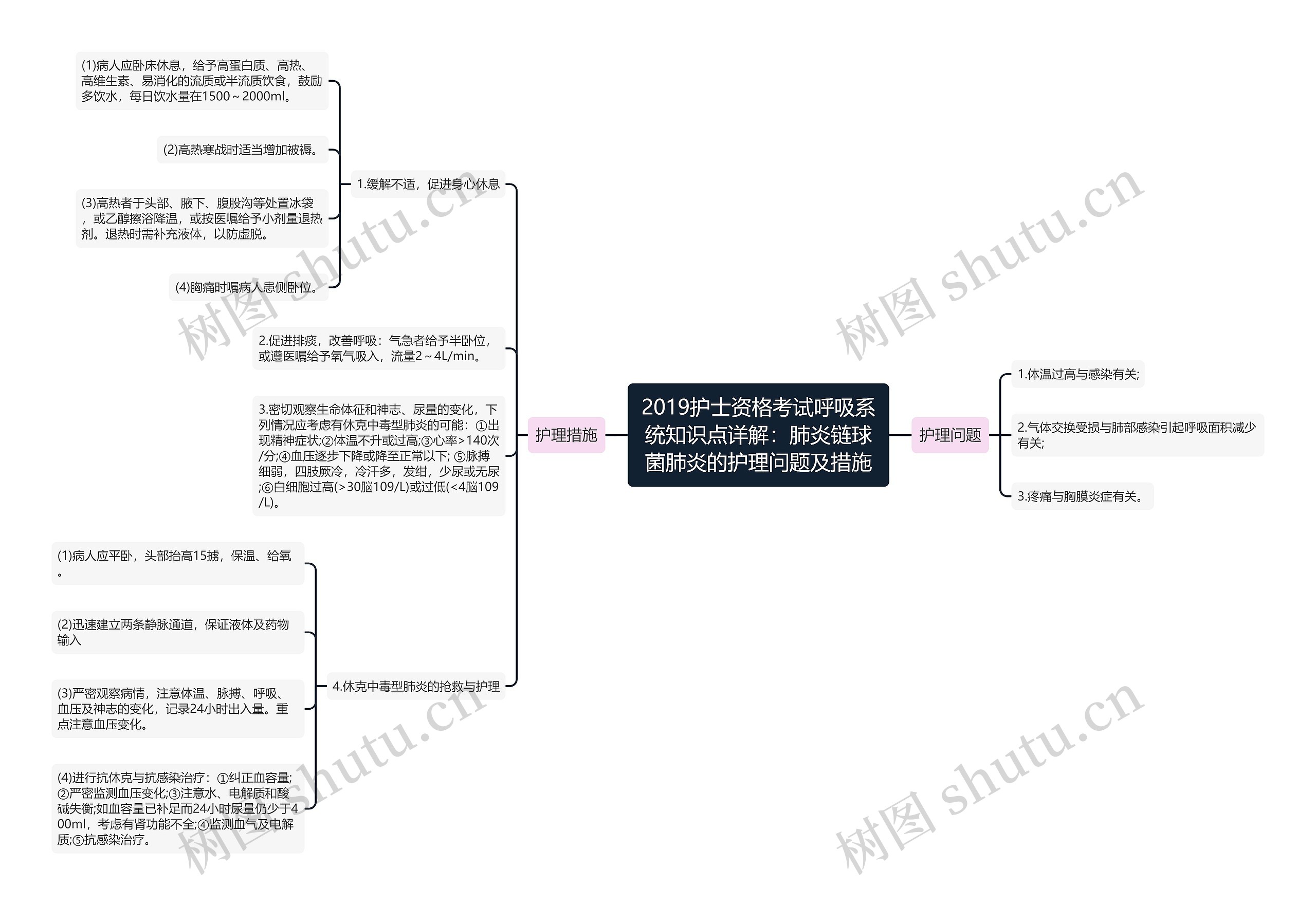 2019护士资格考试呼吸系统知识点详解：肺炎链球菌肺炎的护理问题及措施思维导图