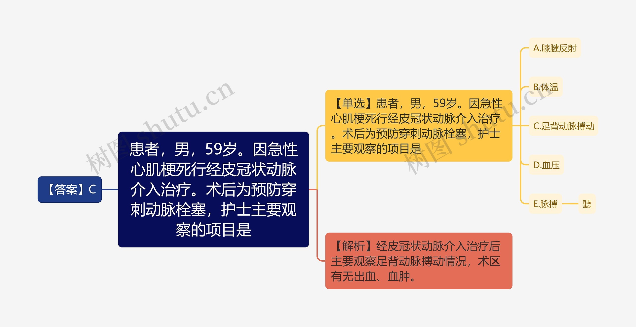 患者，男，59岁。因急性心肌梗死行经皮冠状动脉介入治疗。术后为预防穿刺动脉栓塞，护士主要观察的项目是思维导图