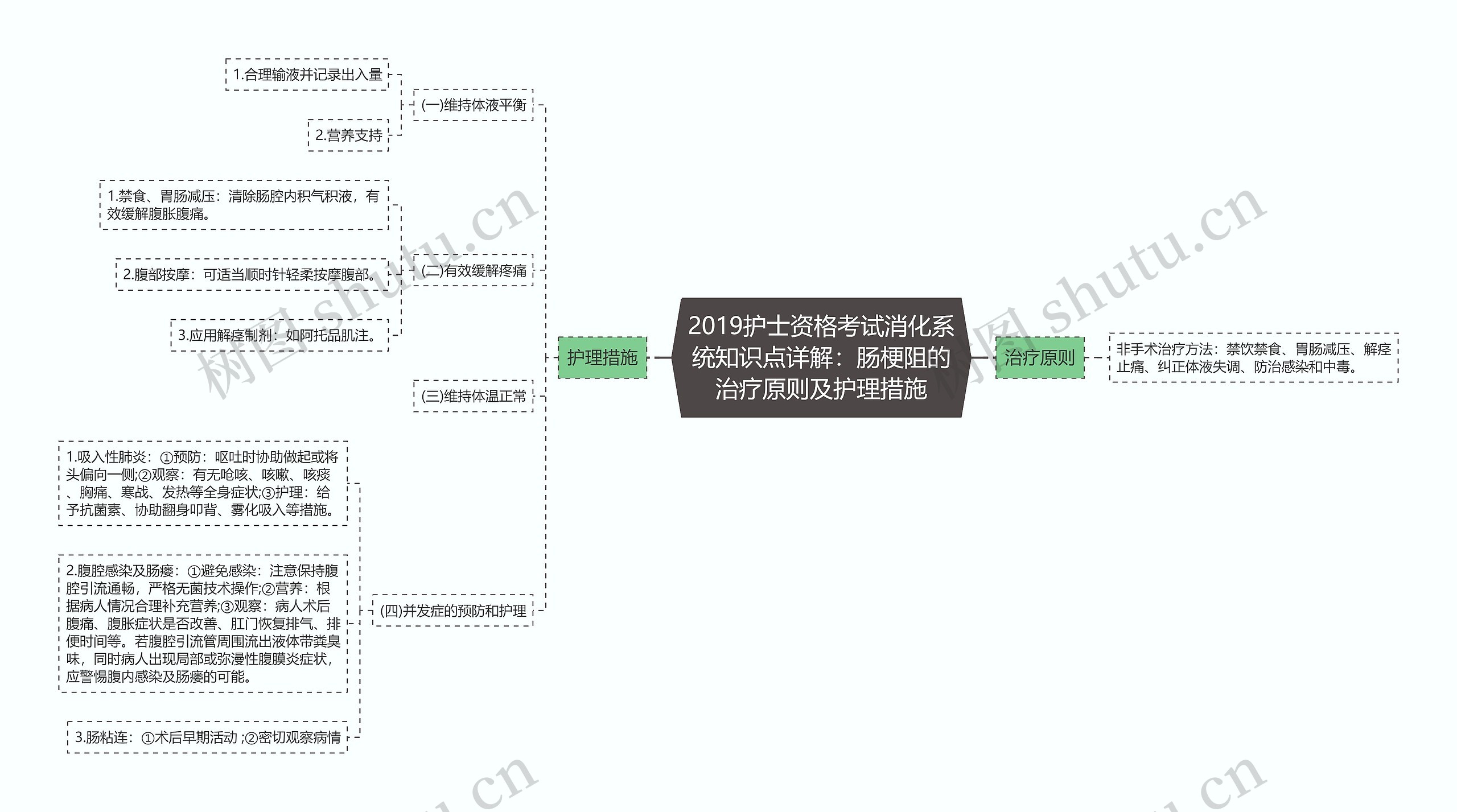 2019护士资格考试消化系统知识点详解：肠梗阻的治疗原则及护理措施思维导图