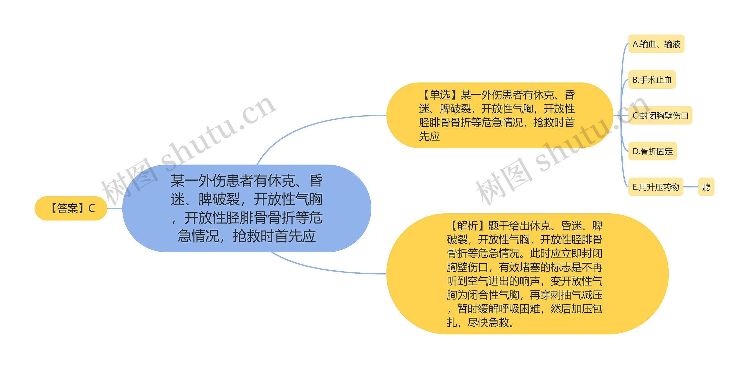 某一外伤患者有休克、昏迷、脾破裂，开放性气胸，开放性胫腓骨骨折等危急情况，抢救时首先应思维导图