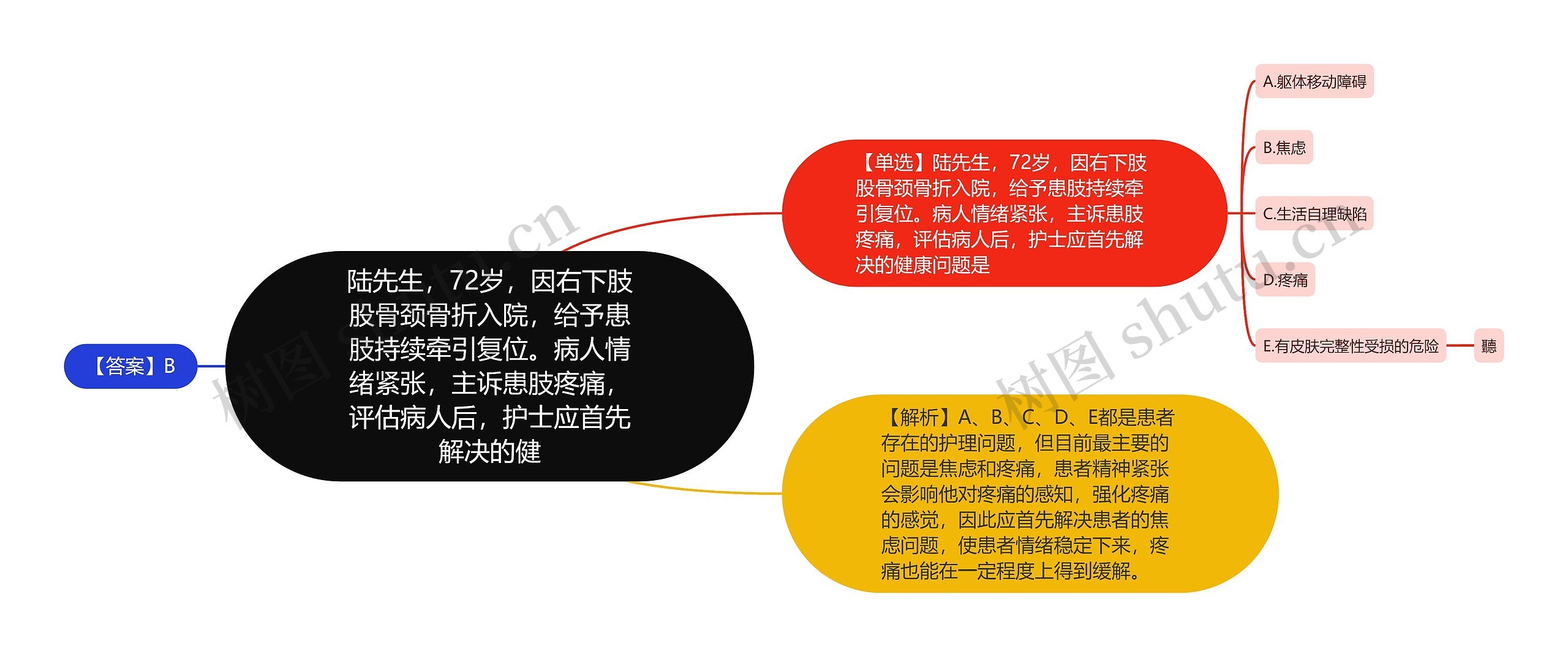 陆先生，72岁，因右下肢股骨颈骨折入院，给予患肢持续牵引复位。病人情绪紧张，主诉患肢疼痛，评估病人后，护士应首先解决的健