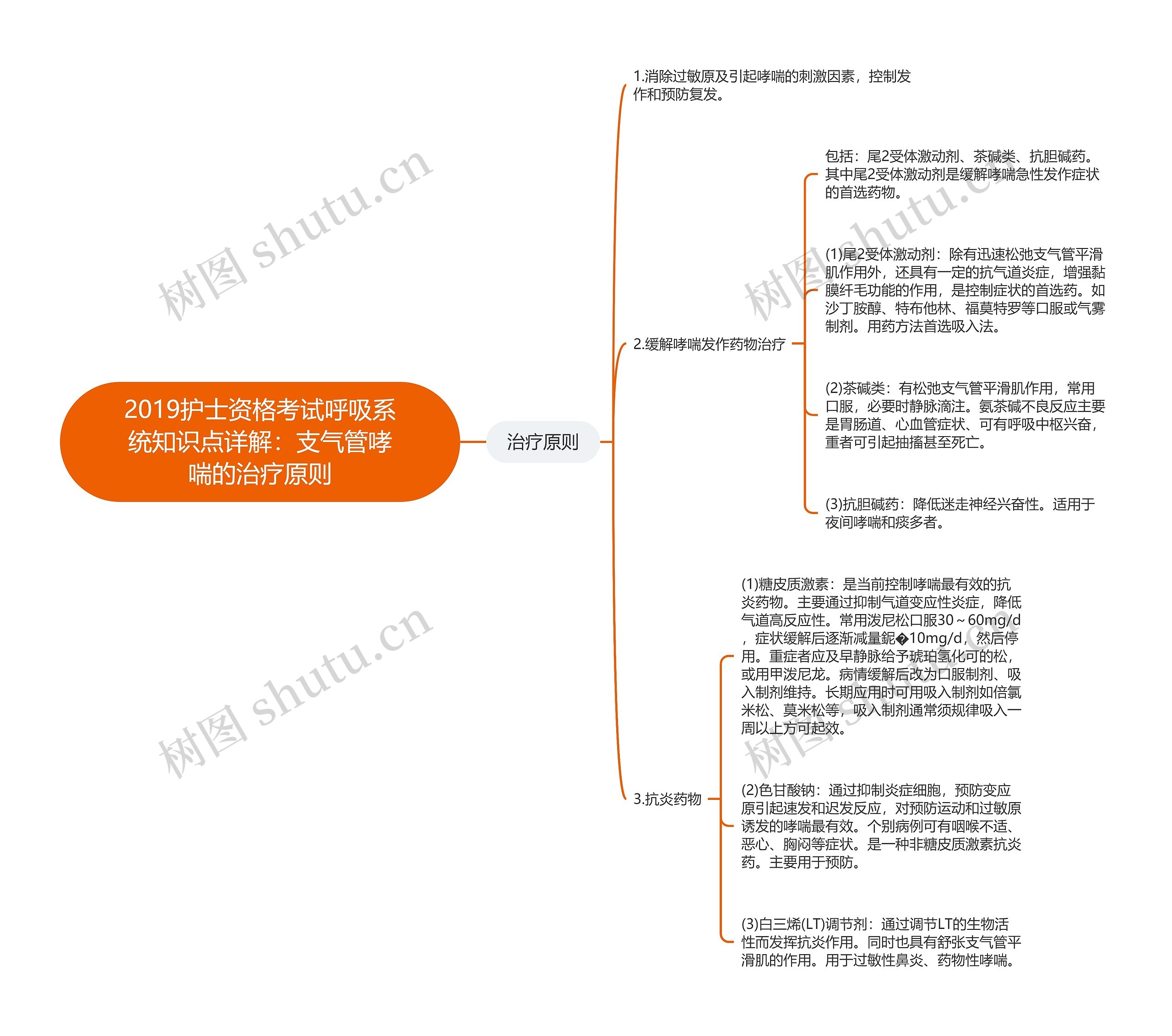 2019护士资格考试呼吸系统知识点详解：支气管哮喘的治疗原则思维导图