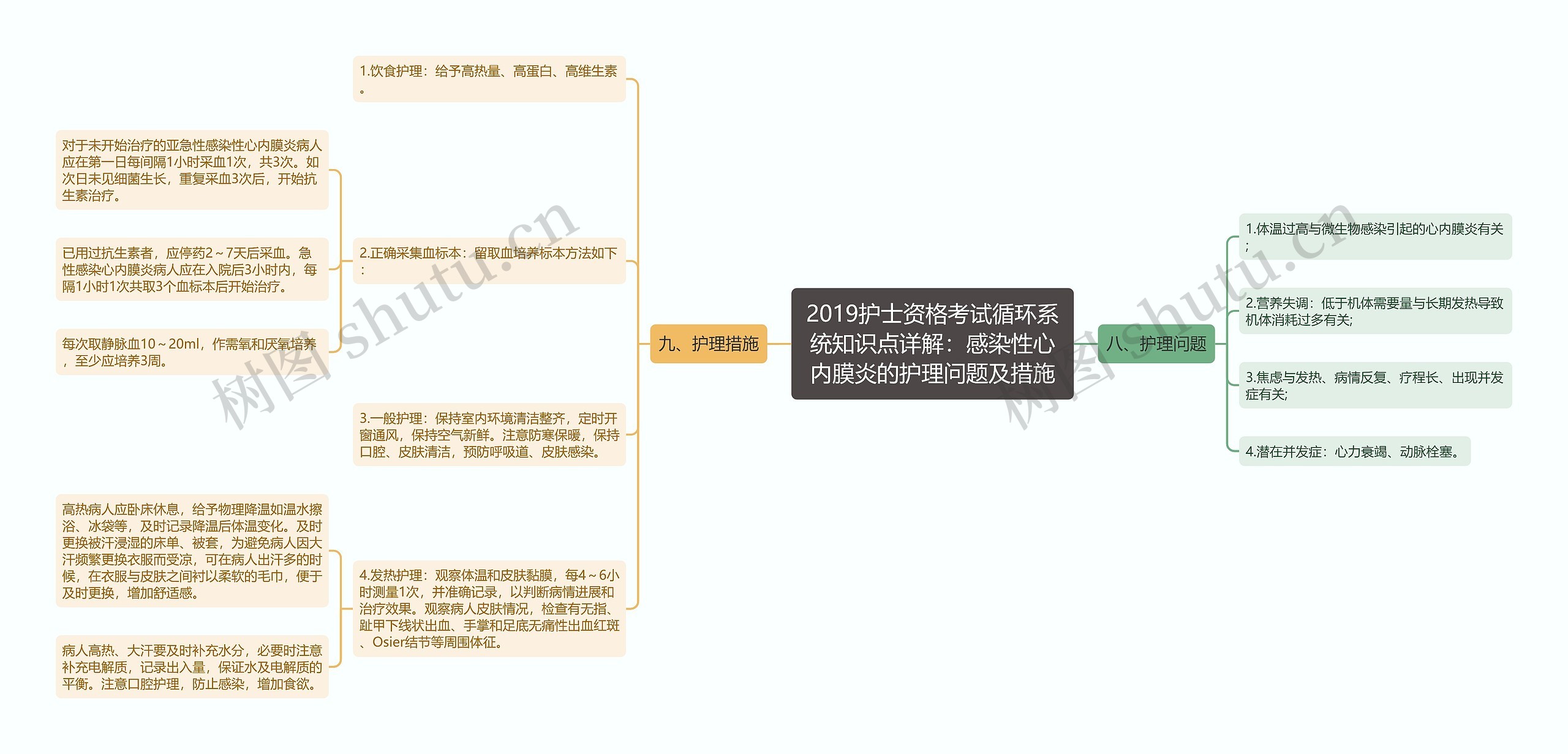 2019护士资格考试循环系统知识点详解：感染性心内膜炎的护理问题及措施思维导图