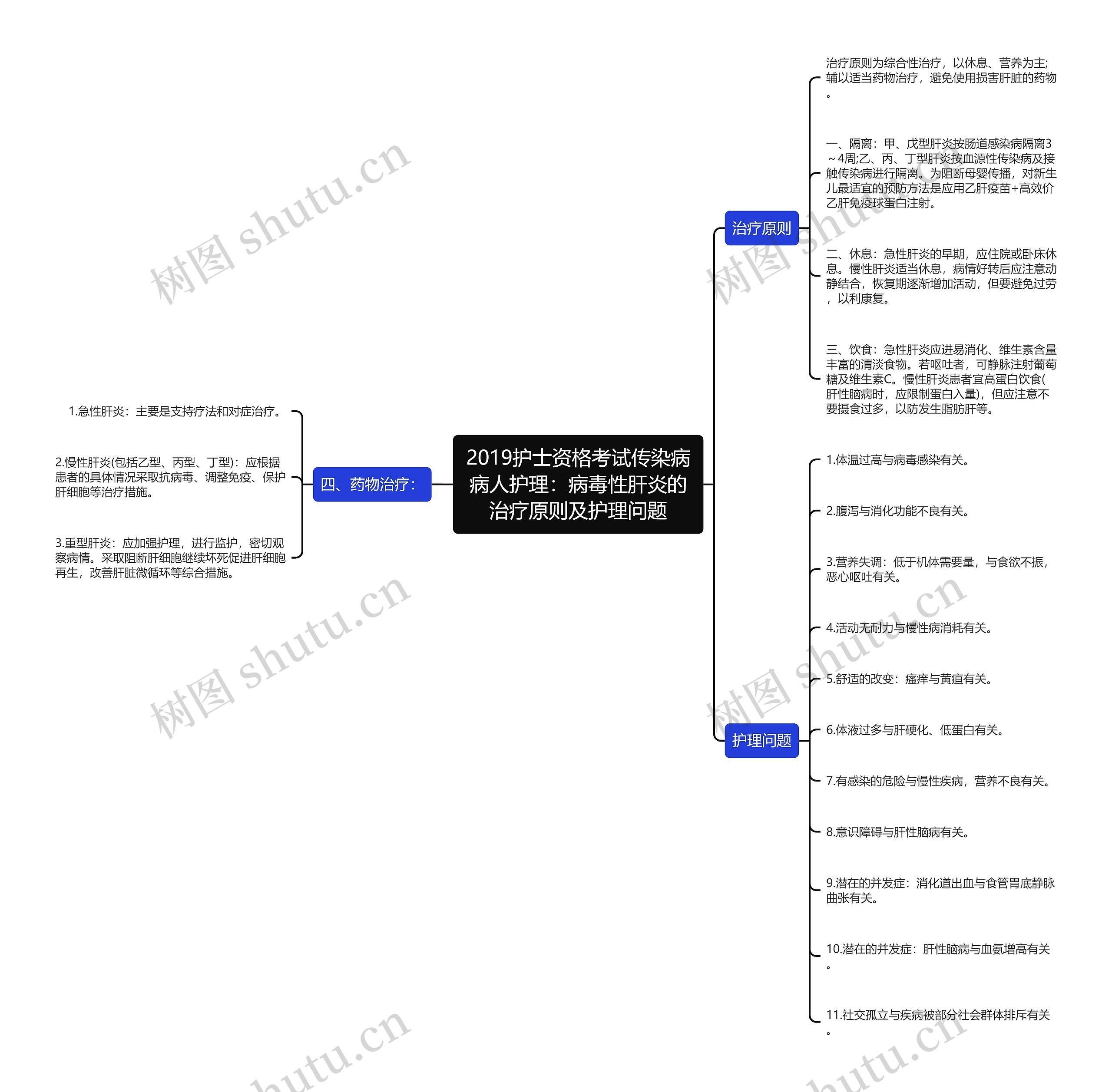 2019护士资格考试传染病病人护理：病毒性肝炎的治疗原则及护理问题思维导图