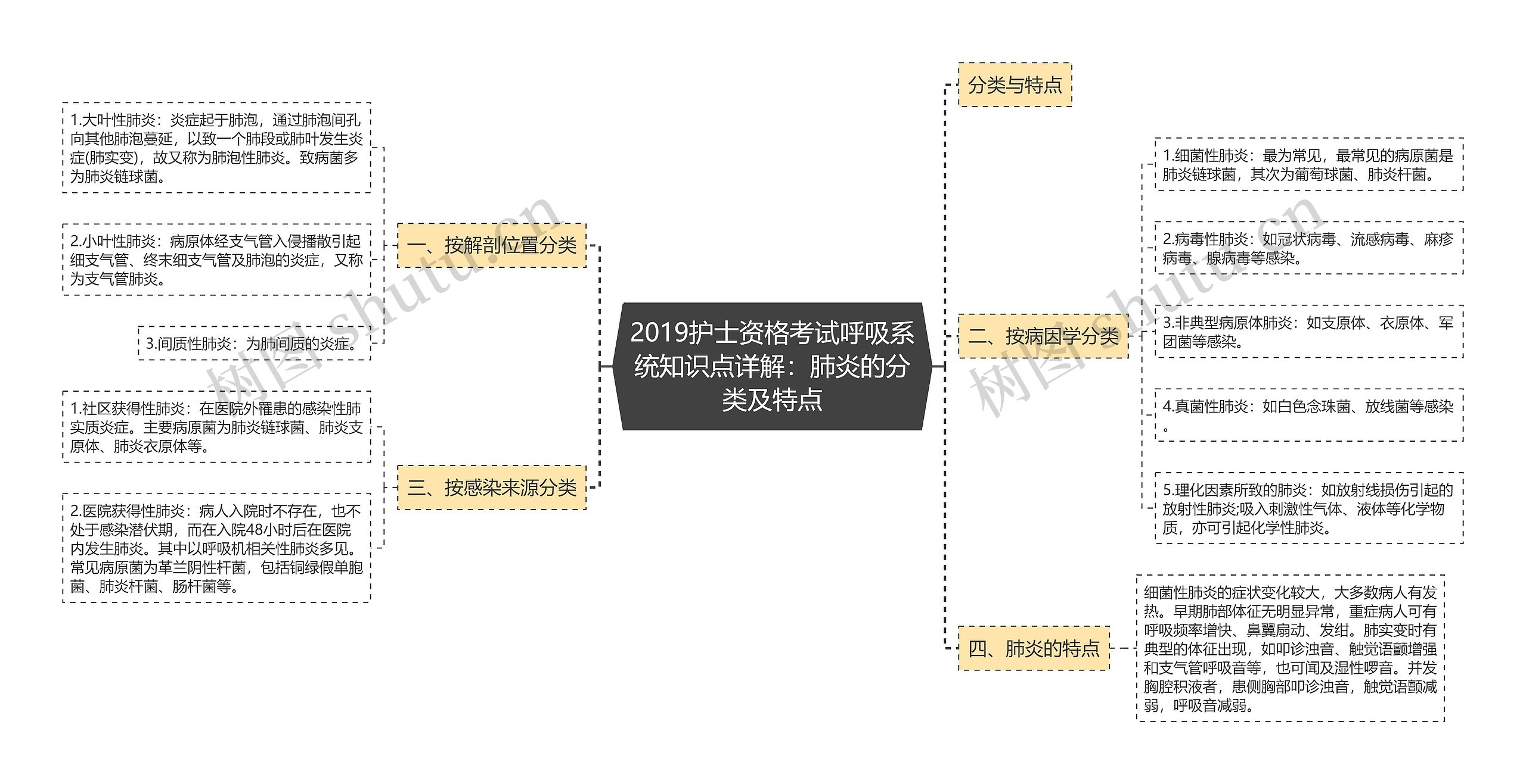 2019护士资格考试呼吸系统知识点详解：肺炎的分类及特点思维导图