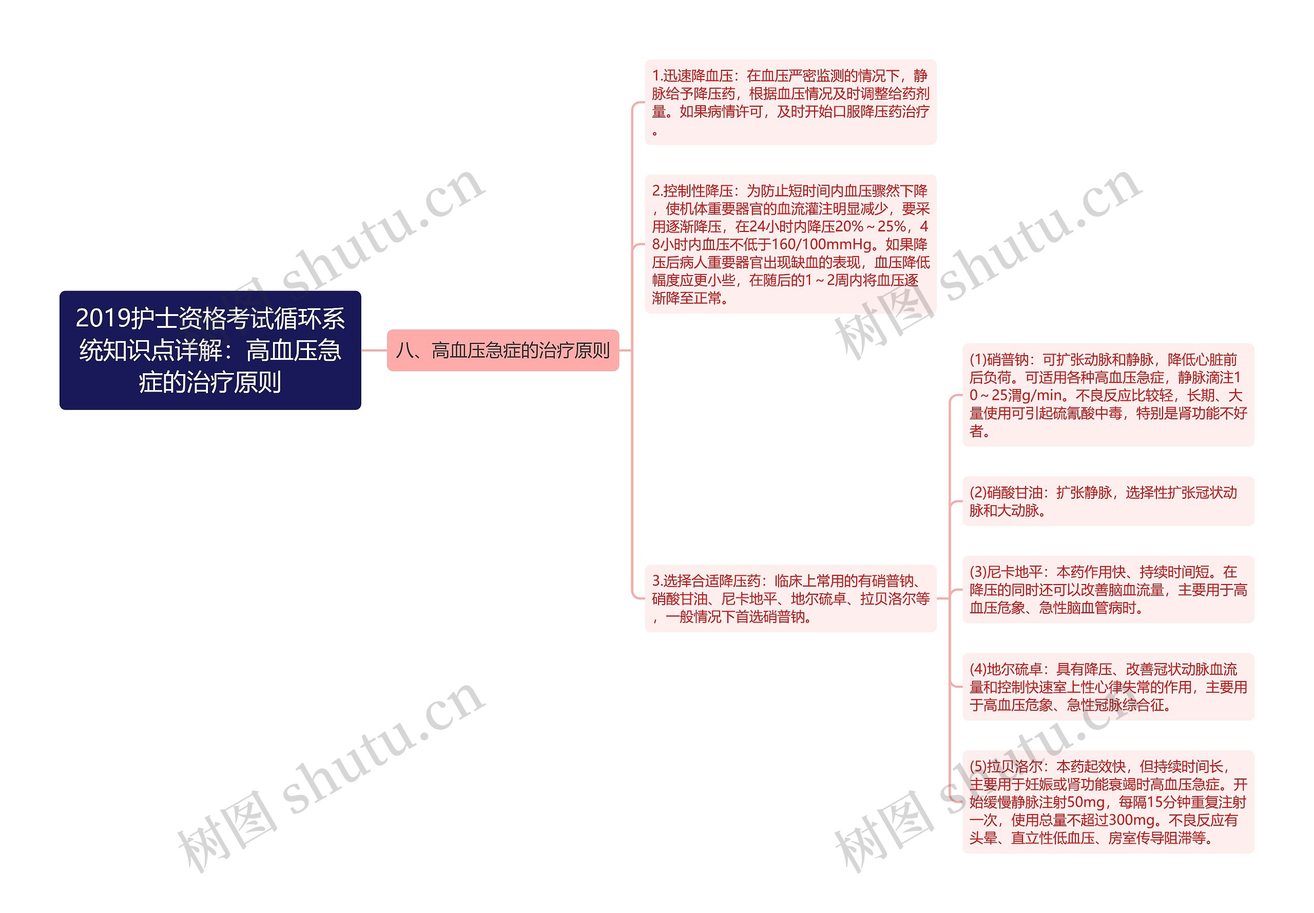 2019护士资格考试循环系统知识点详解：高血压急症的治疗原则思维导图