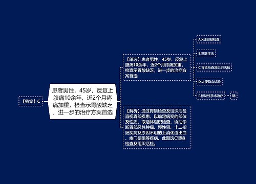 患者男性，45岁，反复上腹痛10余年，近2个月疼痛加重，检查示胃酸缺乏，进一步的治疗方案首选