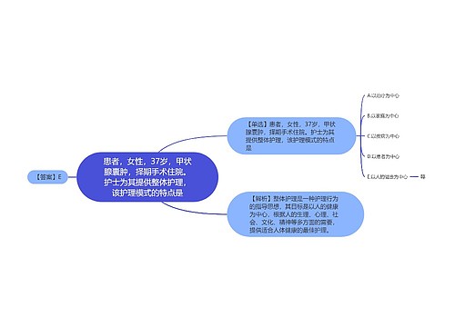 患者，女性，37岁，甲状腺囊肿，择期手术住院。护士为其提供整体护理，该护理模式的特点是