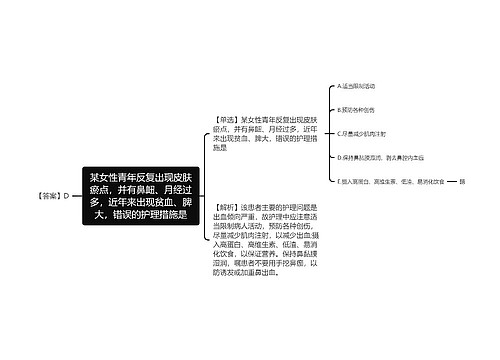 某女性青年反复出现皮肤瘀点，并有鼻衄、月经过多，近年来出现贫血、脾大，错误的护理措施是