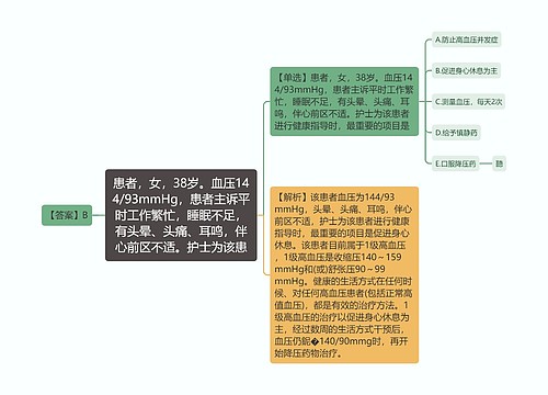 患者，女，38岁。血压144/93mmHg，患者主诉平时工作繁忙，睡眠不足，有头晕、头痛、耳鸣，伴心前区不适。护士为该患