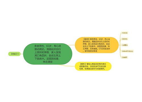 患者男性，65岁，有心房颤动病史。清晨起床自行上厕所时摔倒，家人发现其口角歪斜，自述左侧上下肢麻木。送医院检查，神志清楚