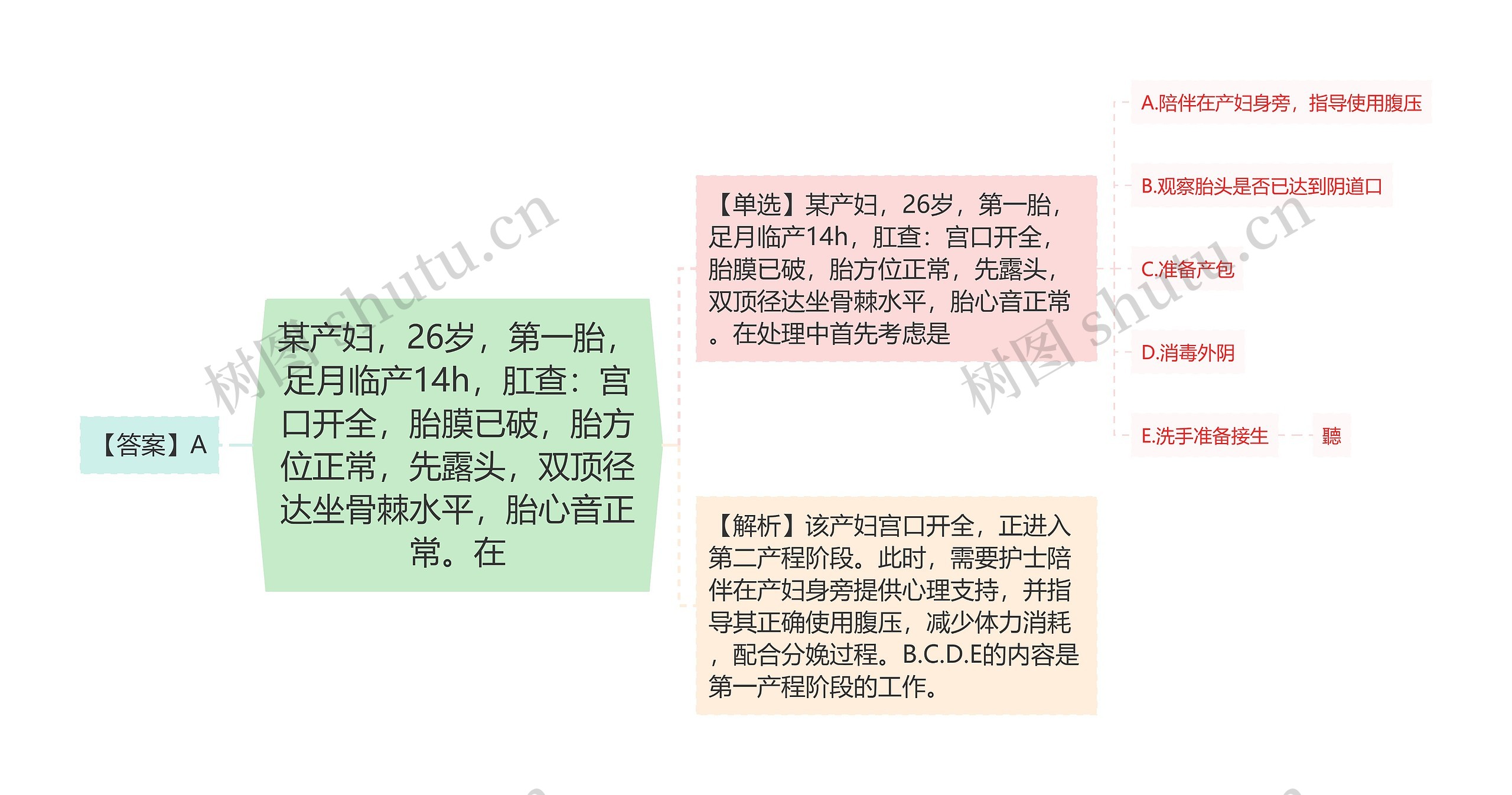 某产妇，26岁，第一胎，足月临产14h，肛查：宫口开全，胎膜已破，胎方位正常，先露头，双顶径达坐骨棘水平，胎心音正常。在思维导图