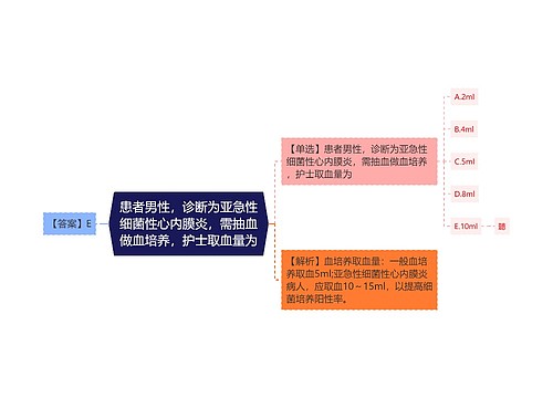 患者男性，诊断为亚急性细菌性心内膜炎，需抽血做血培养，护士取血量为