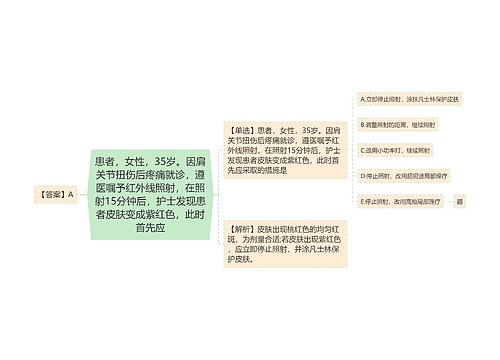 患者，女性，35岁。因肩关节扭伤后疼痛就诊，遵医嘱予红外线照射，在照射15分钟后，护士发现患者皮肤变成紫红色，此时首先应