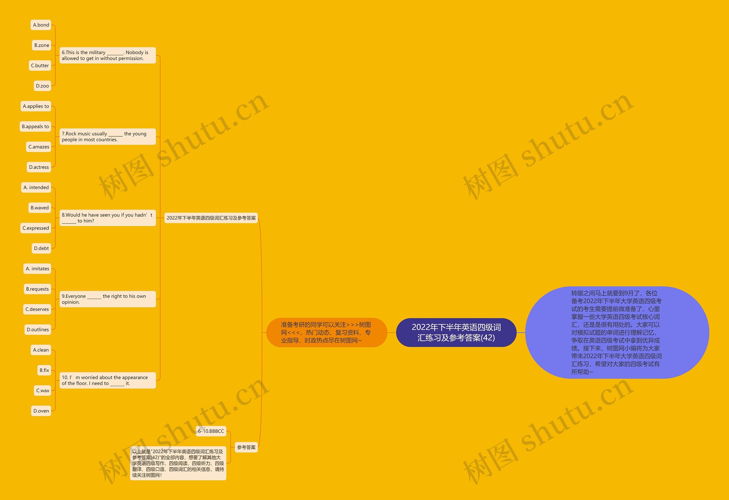 2022年下半年英语四级词汇练习及参考答案(42)思维导图