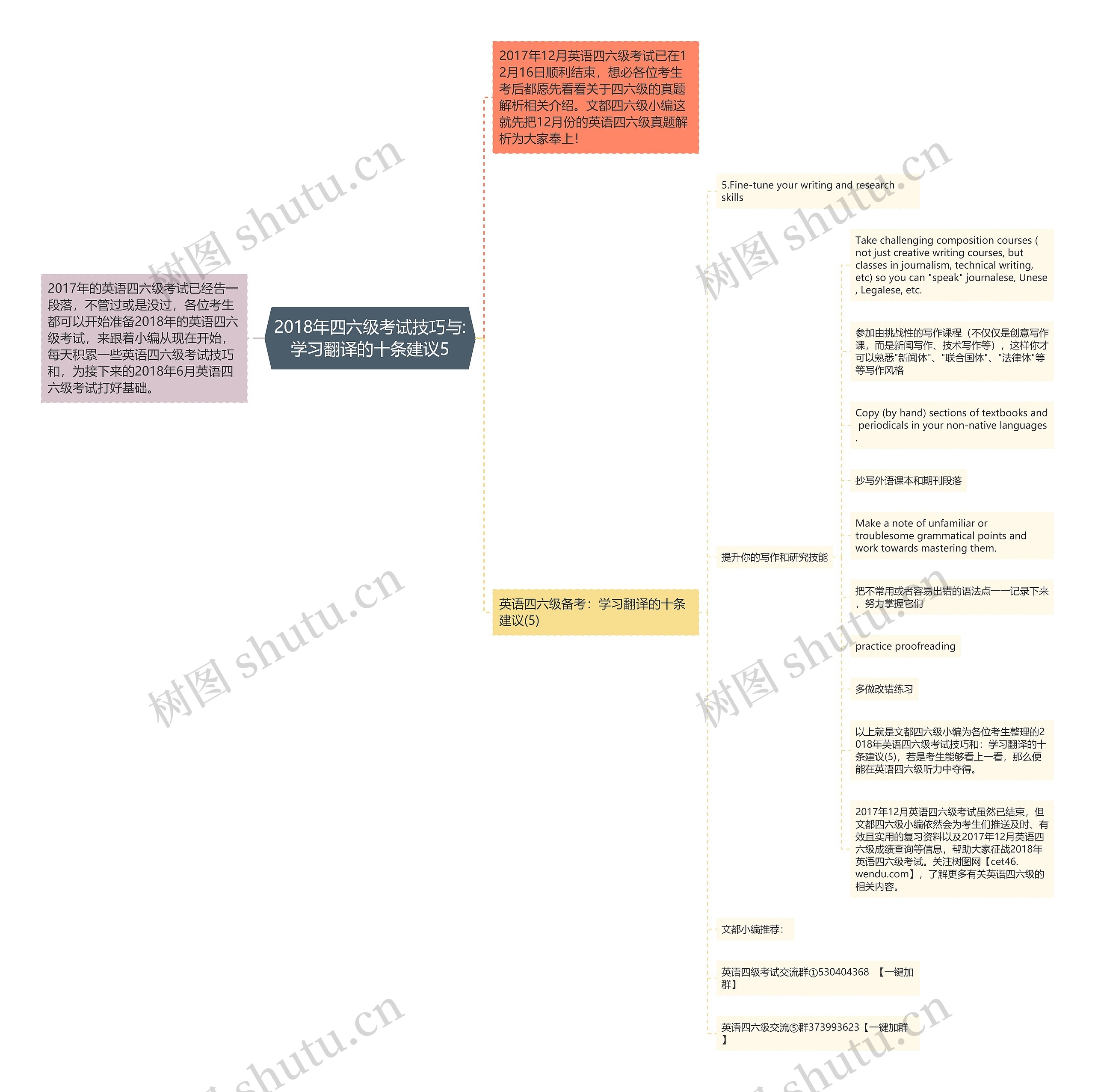2018年四六级考试技巧与:学习翻译的十条建议5思维导图