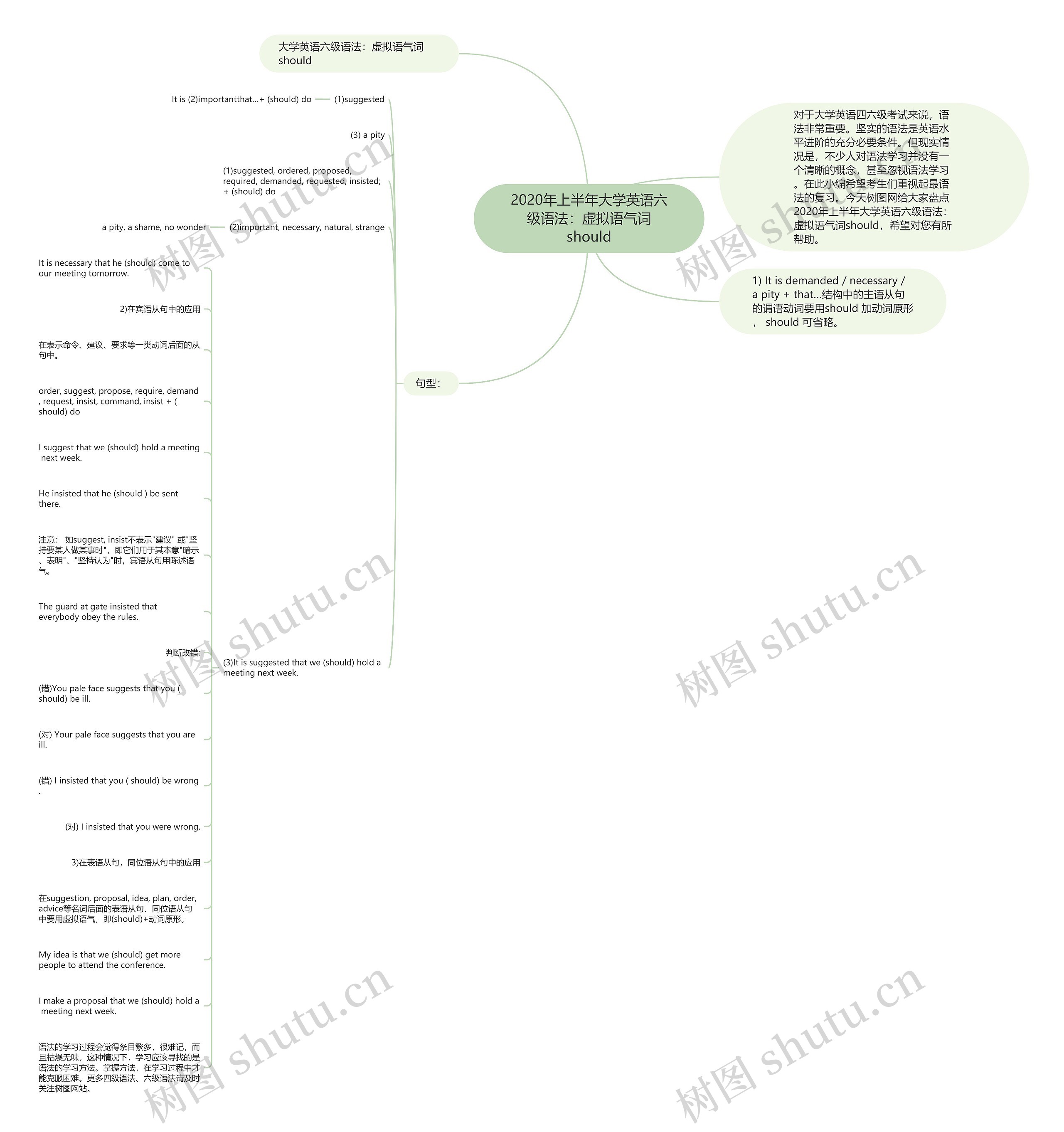 2020年上半年大学英语六级语法：虚拟语气词should思维导图