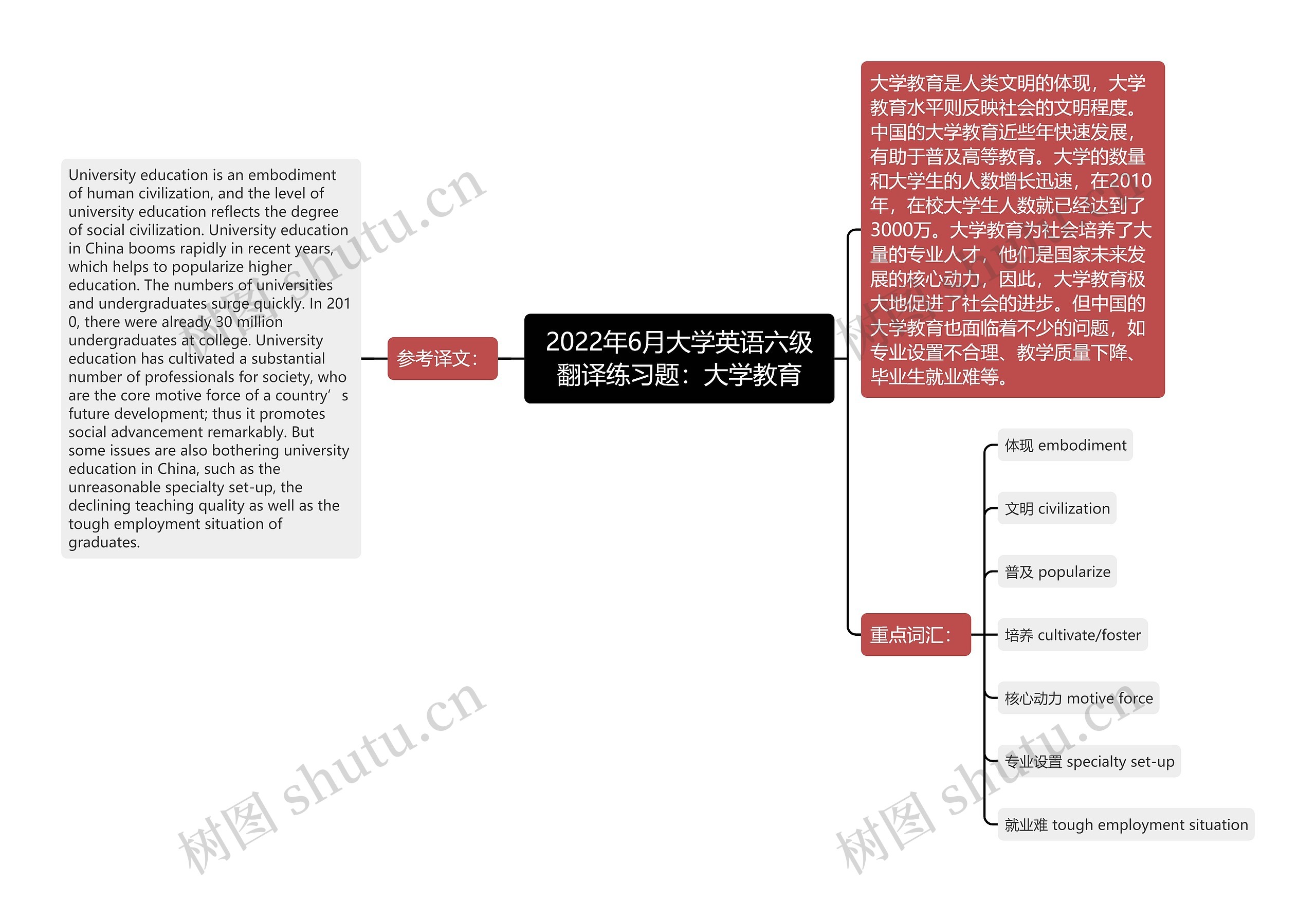 2022年6月大学英语六级翻译练习题：大学教育思维导图