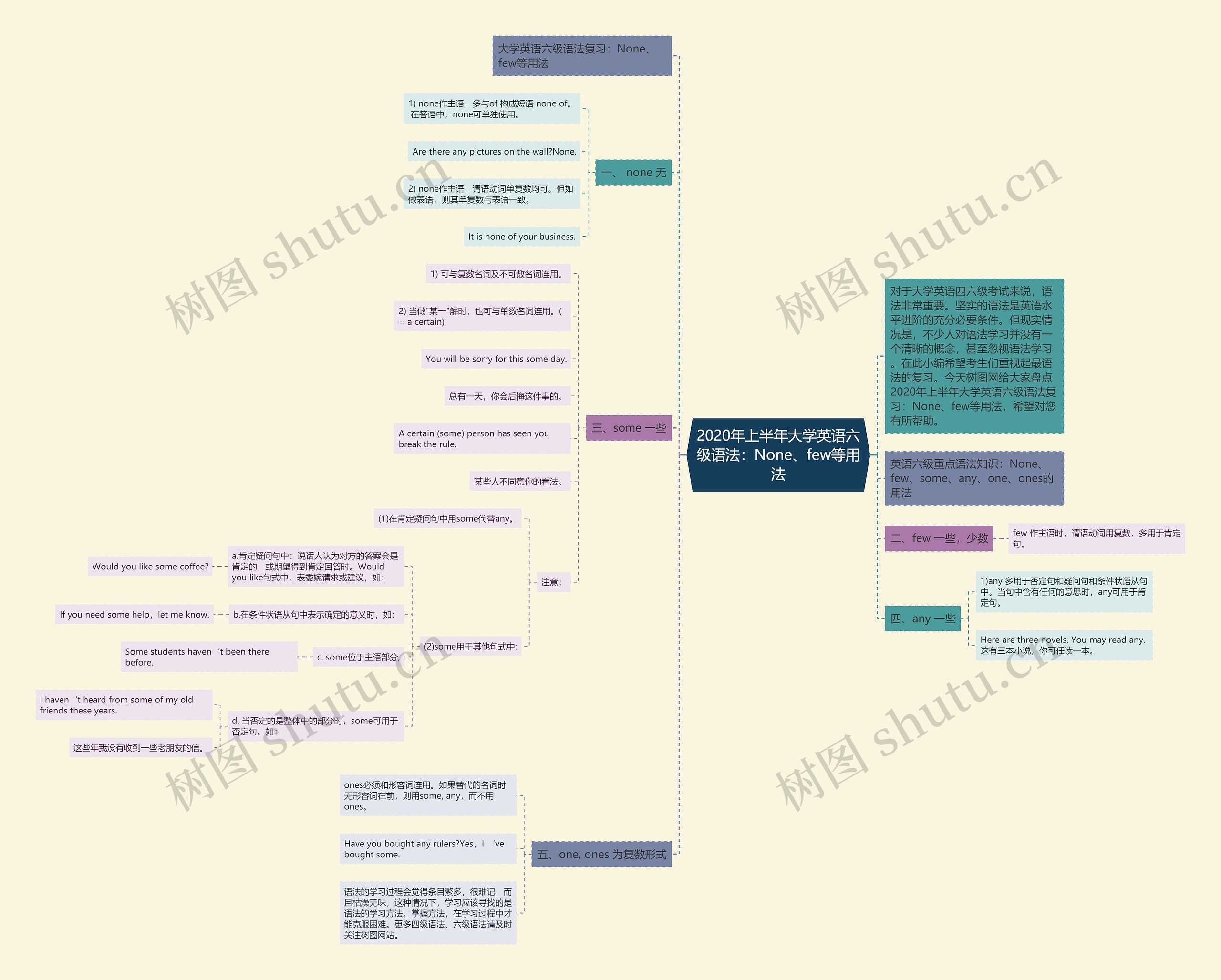 2020年上半年大学英语六级语法：None、few等用法思维导图