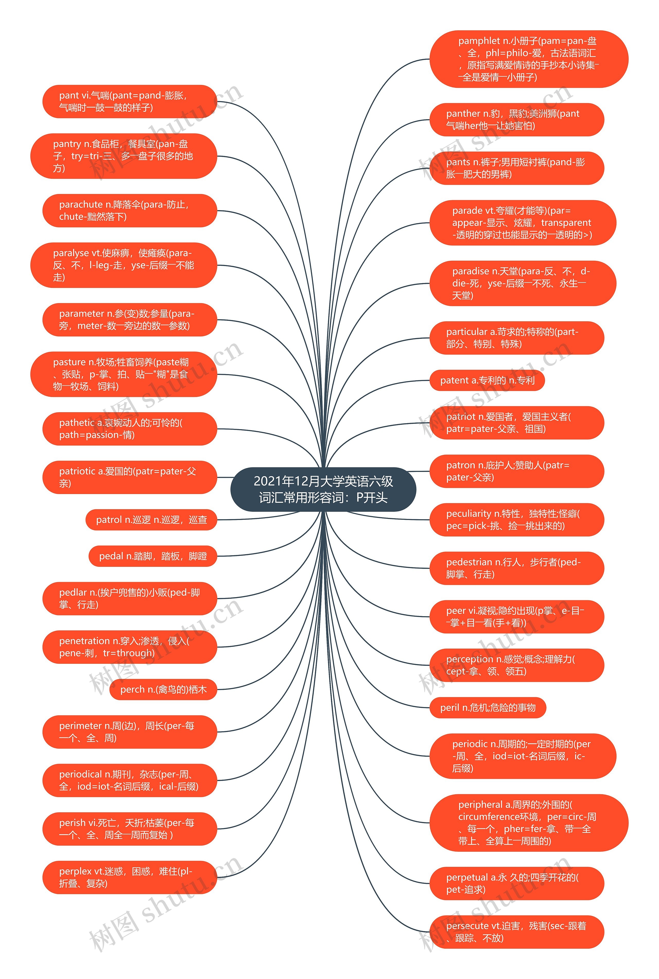 2021年12月大学英语六级词汇常用形容词：P开头思维导图