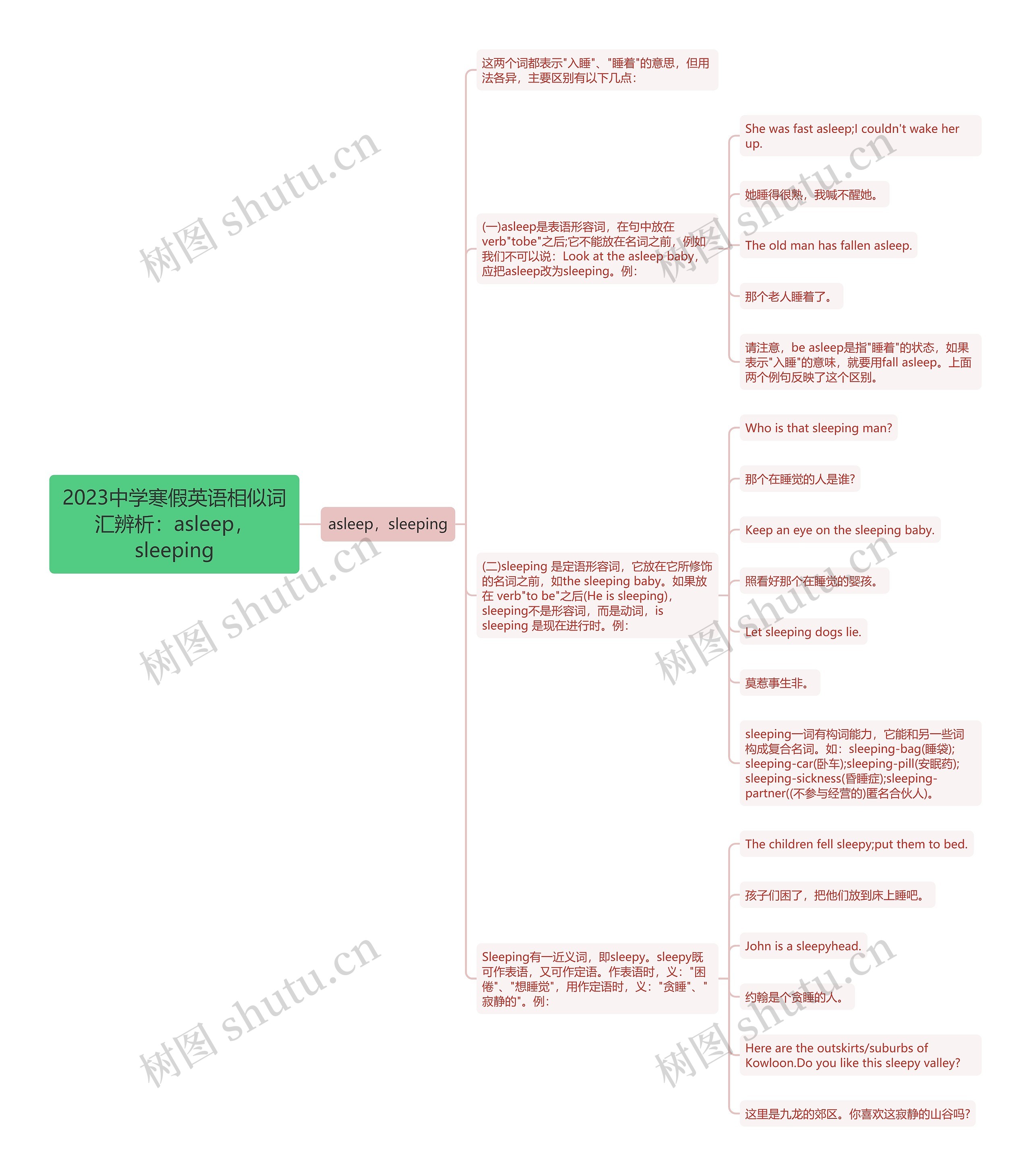 2023中学寒假英语相似词汇辨析：asleep，sleeping思维导图
