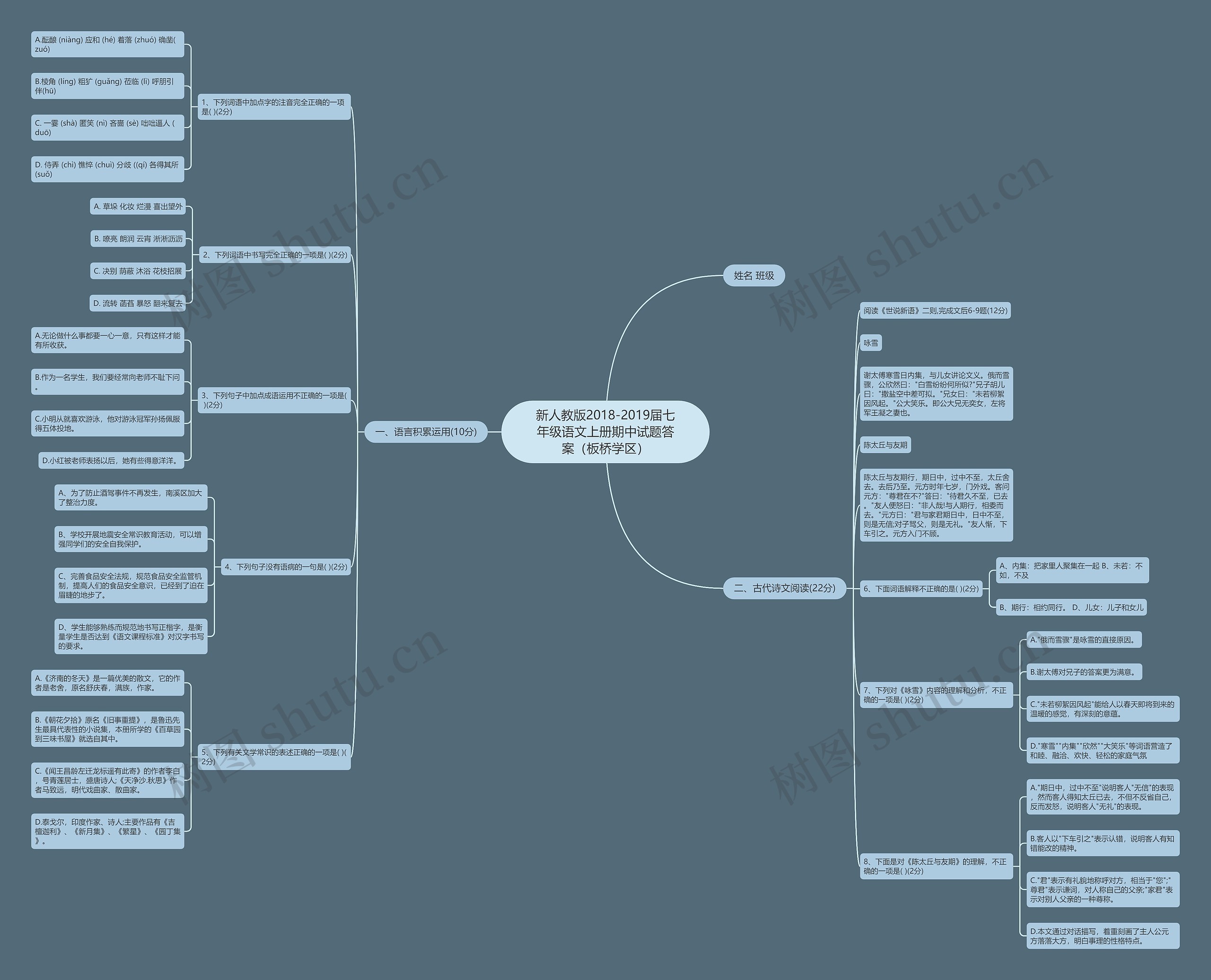 新人教版2018-2019届七年级语文上册期中试题答案（板桥学区）思维导图