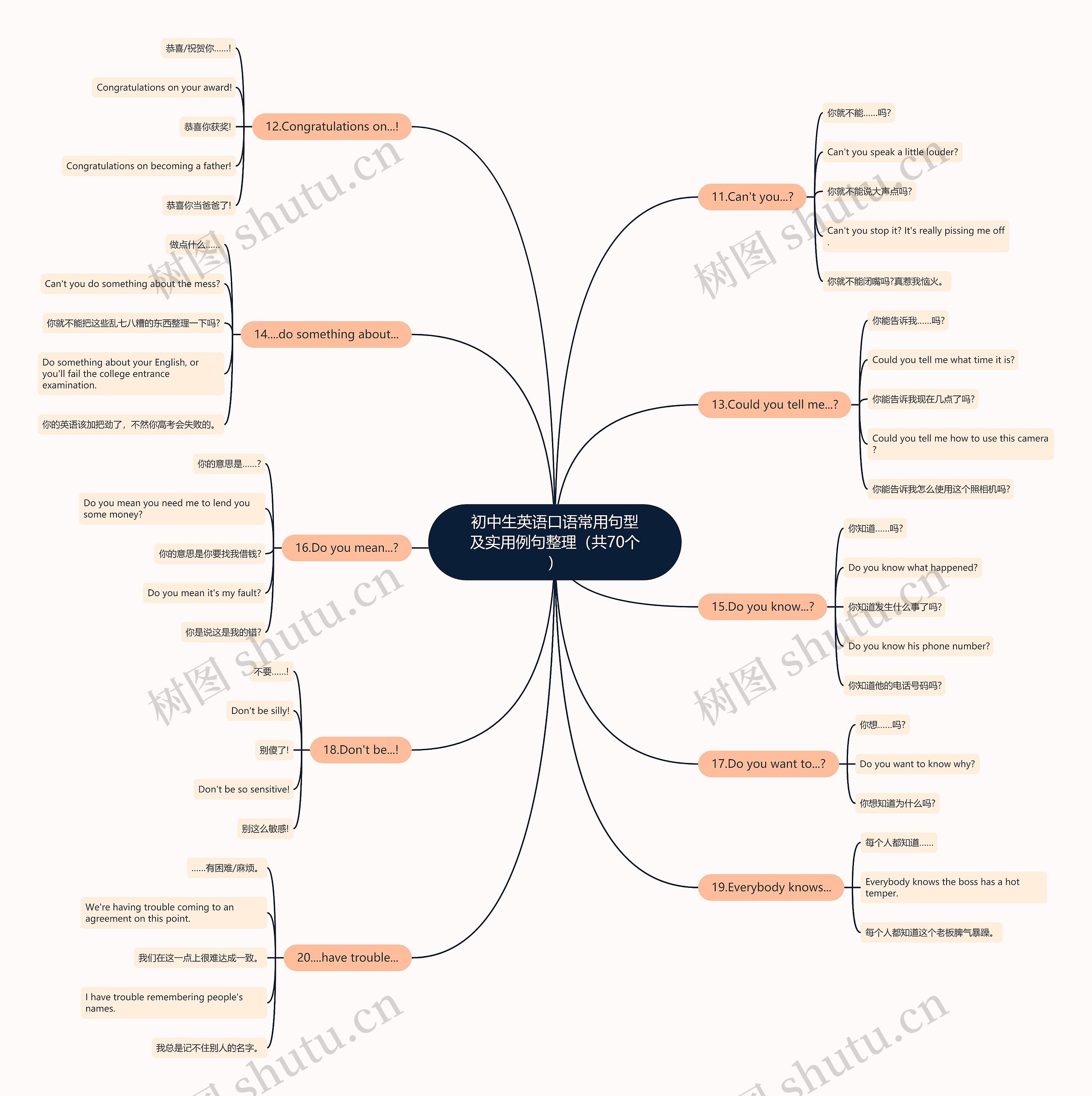 初中生英语口语常用句型及实用例句整理（共70个）思维导图