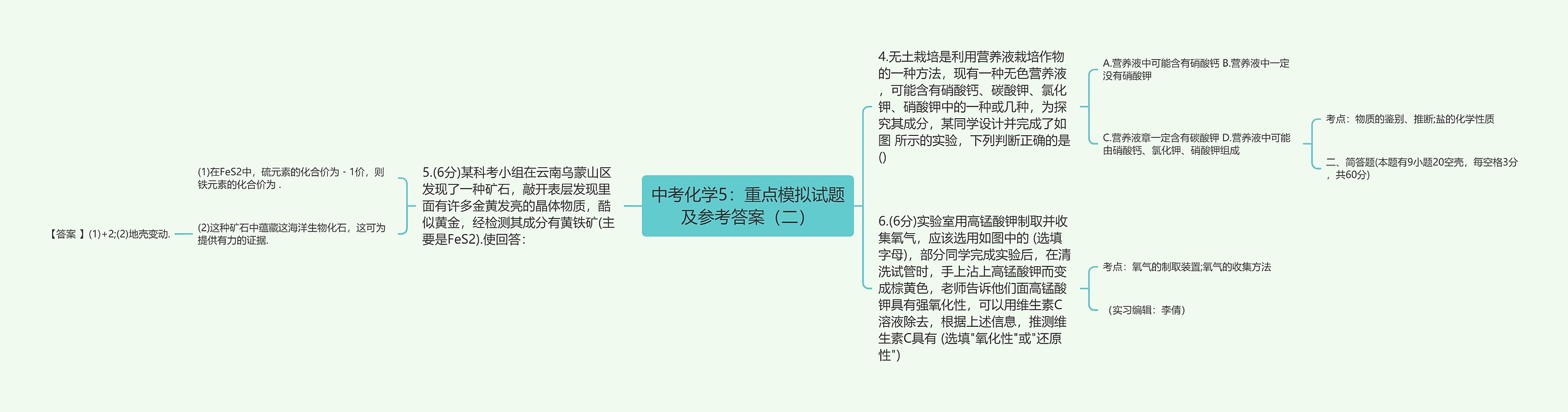 中考化学5：重点模拟试题及参考答案（二）思维导图