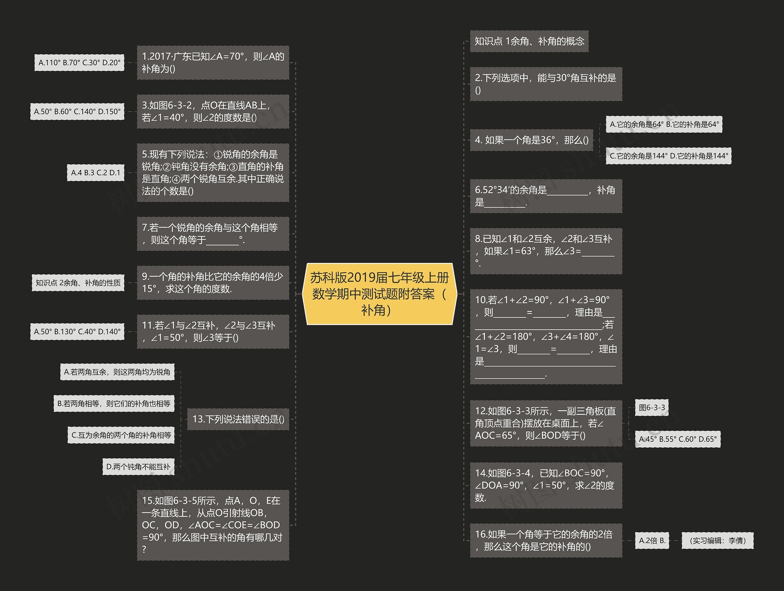 苏科版2019届七年级上册数学期中测试题附答案（补角）