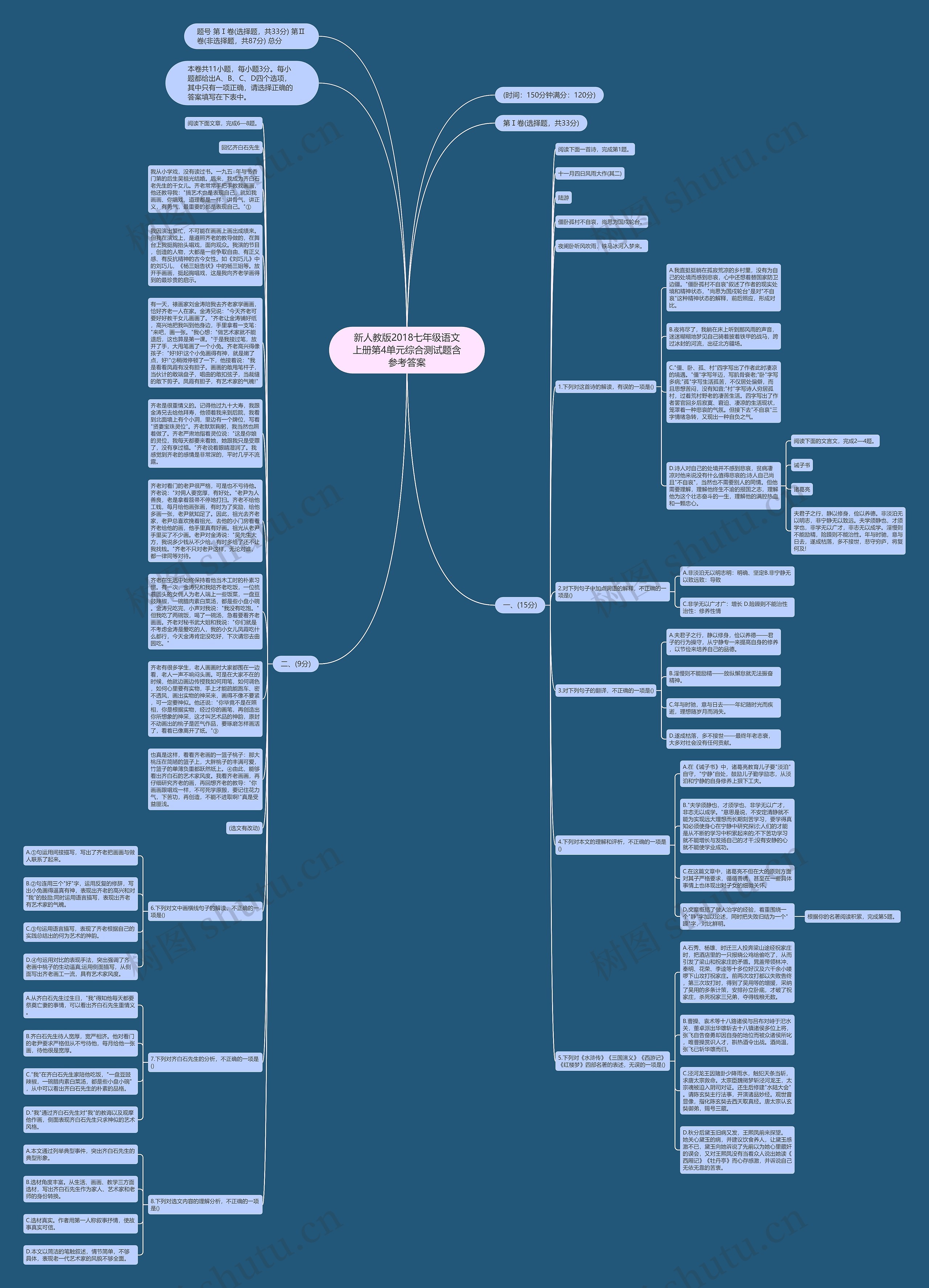 新人教版2018七年级语文上册第4单元综合测试题含参考答案思维导图