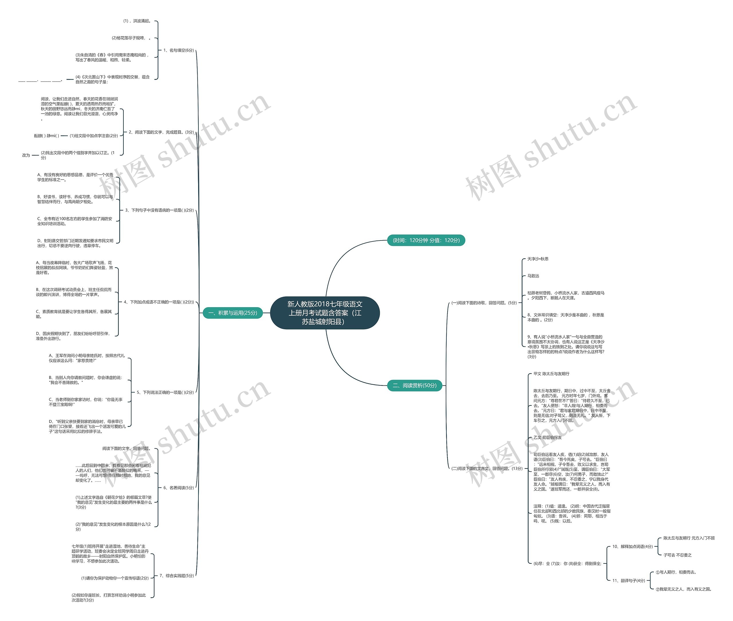 新人教版2018七年级语文上册月考试题含答案（江苏盐城射阳县）思维导图