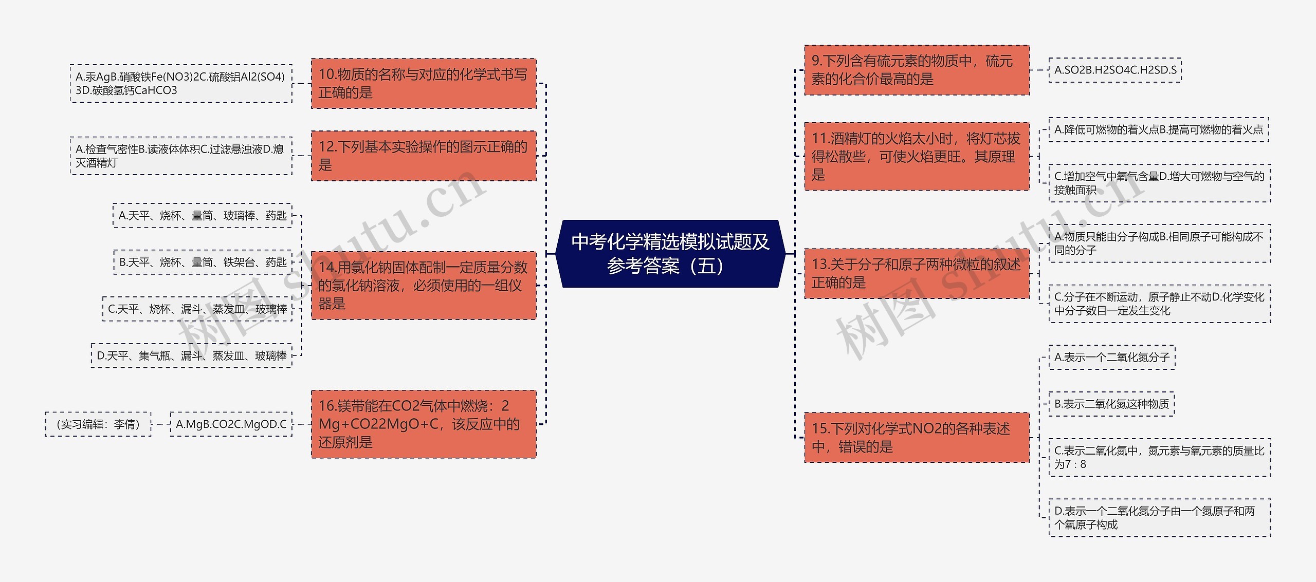 中考化学精选模拟试题及参考答案（五）思维导图