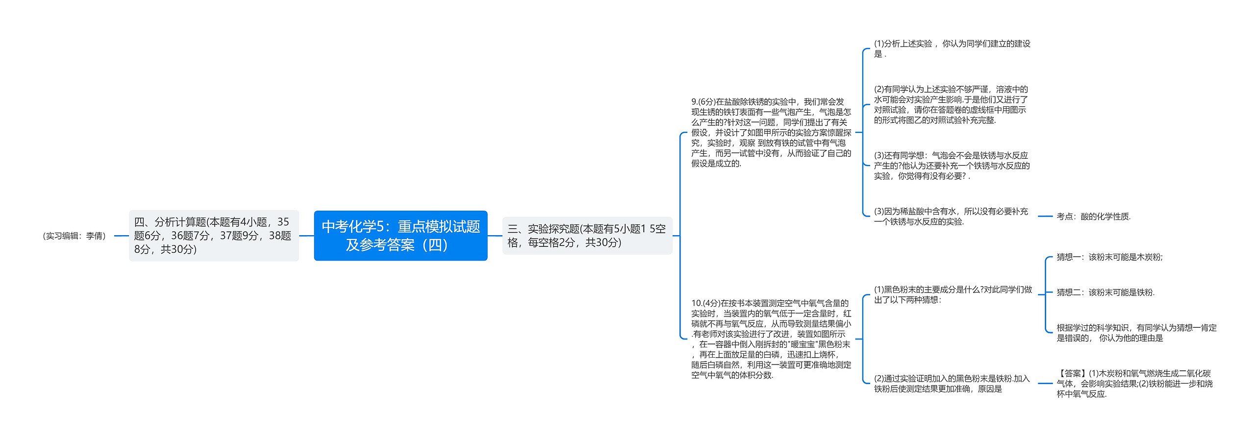 中考化学5：重点模拟试题及参考答案（四）思维导图