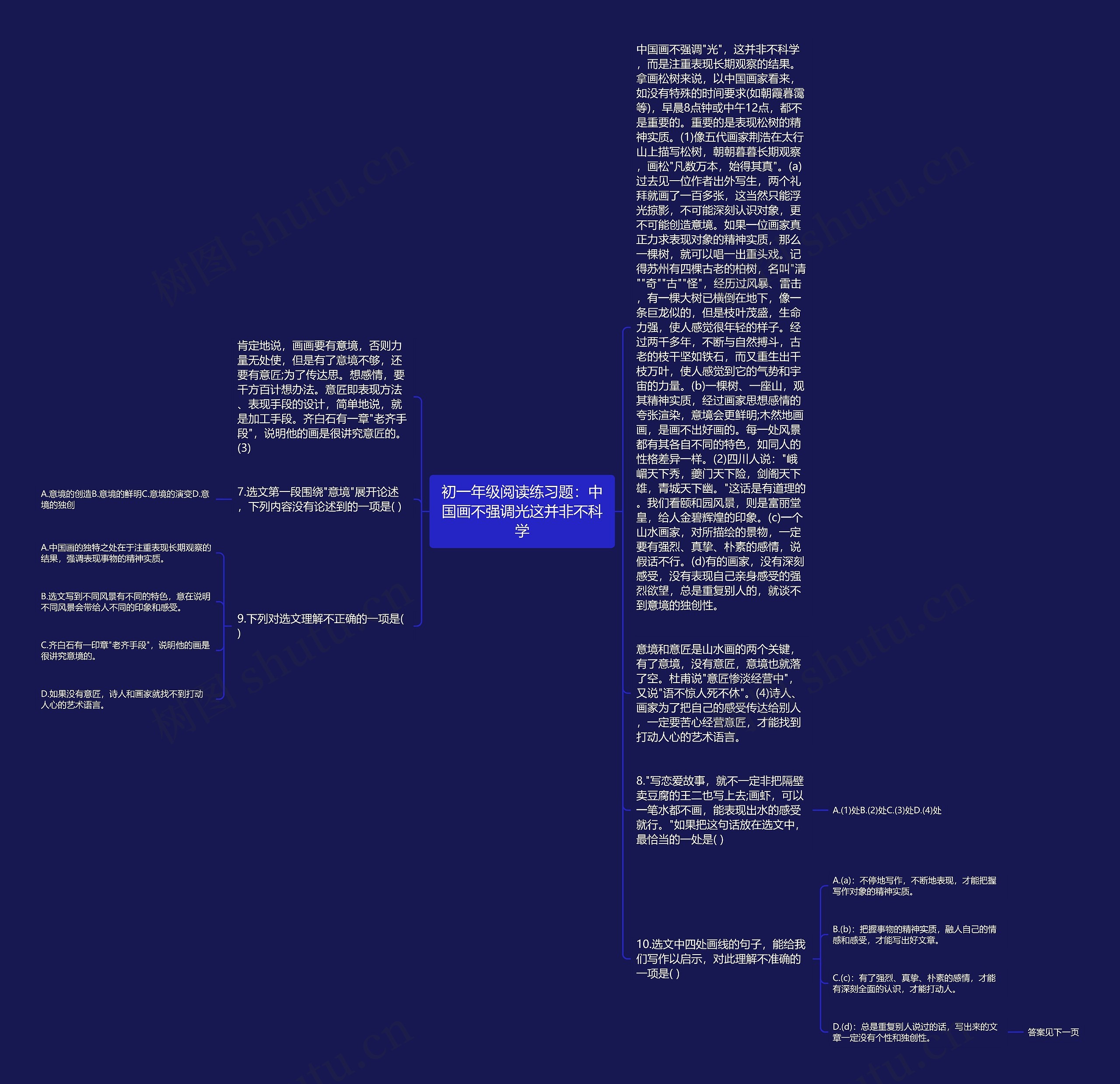 初一年级阅读练习题：中国画不强调光这并非不科学思维导图
