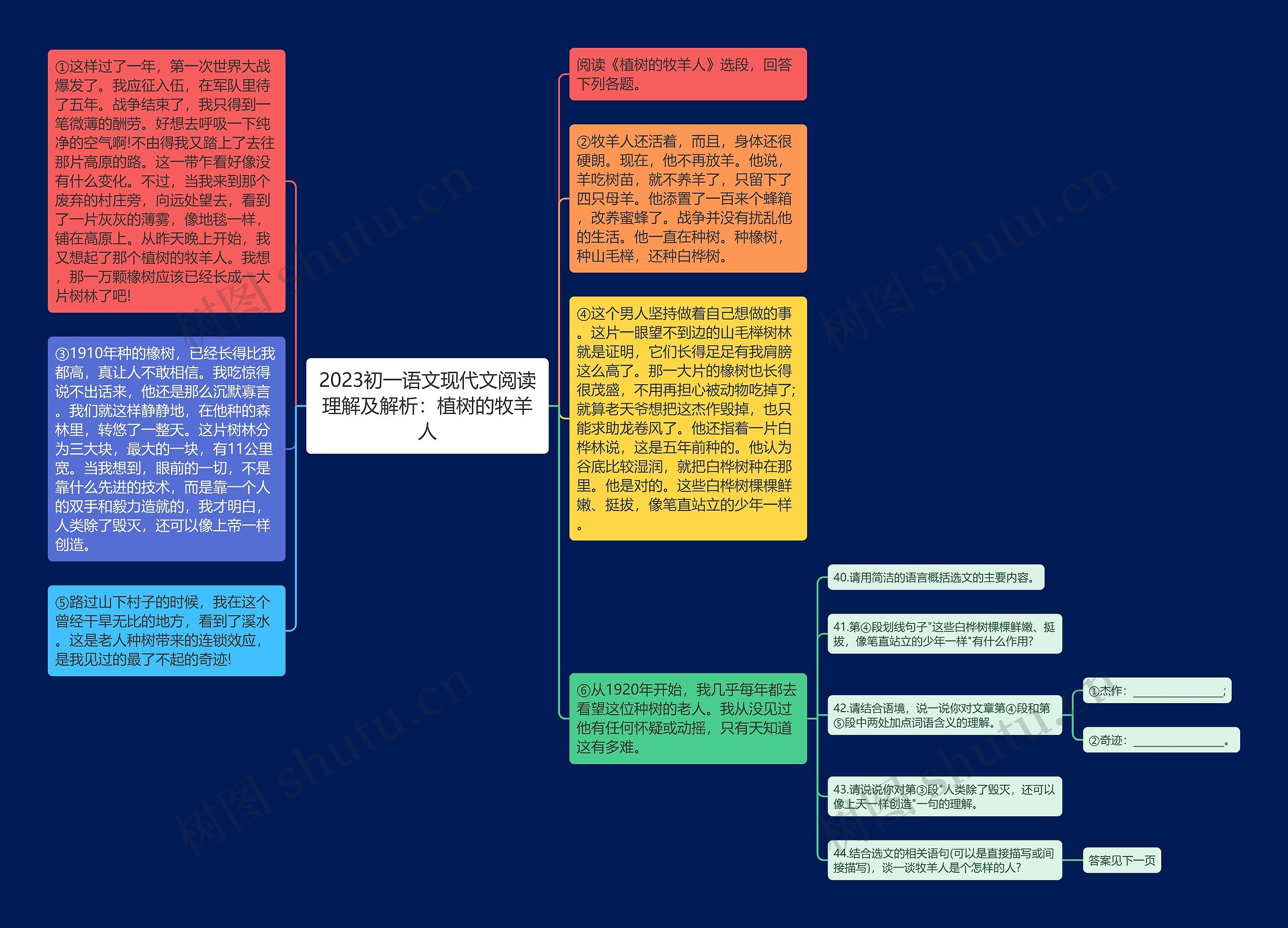 2023初一语文现代文阅读理解及解析：植树的牧羊人思维导图