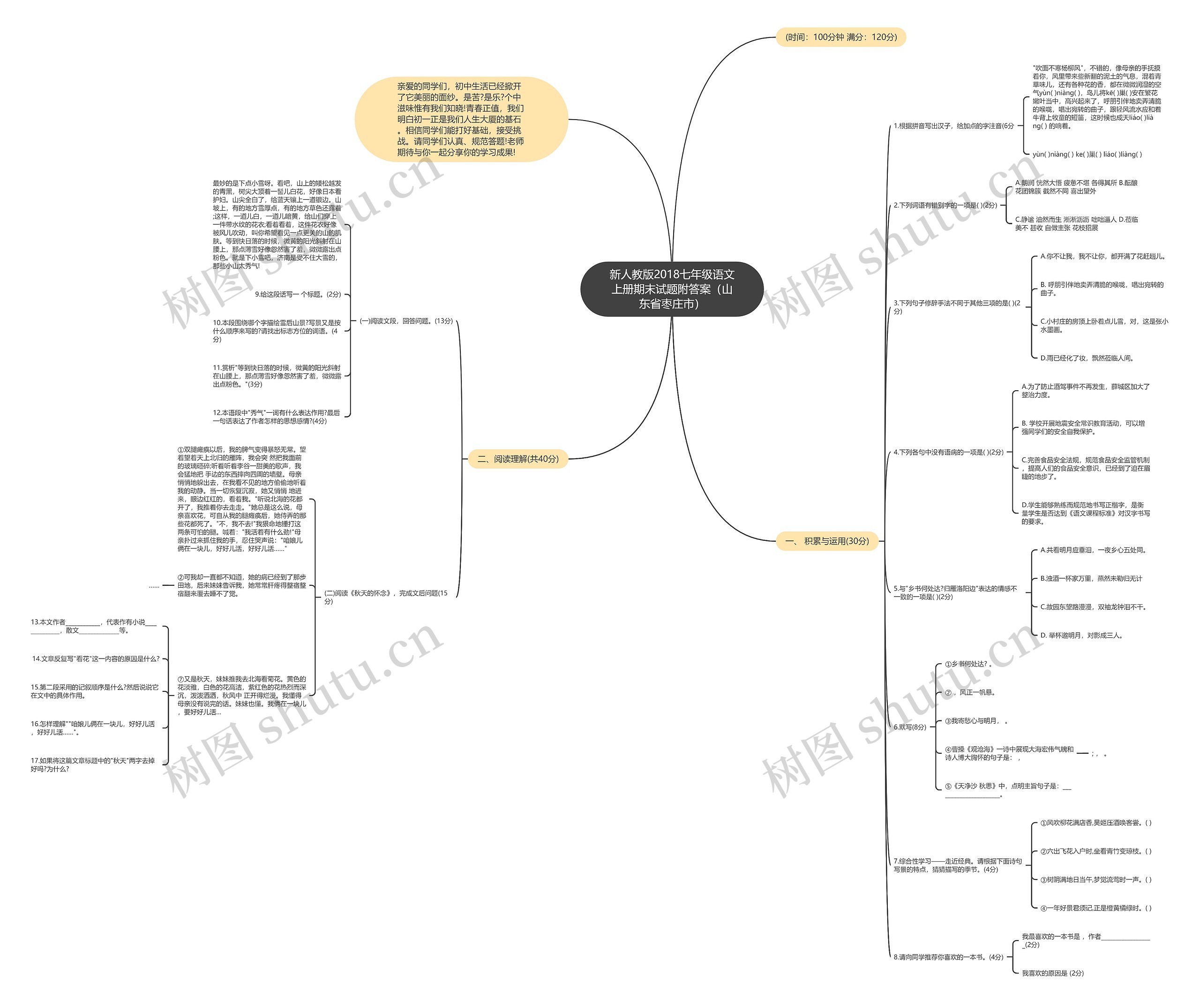 新人教版2018七年级语文上册期末试题附答案（山东省枣庄市）思维导图