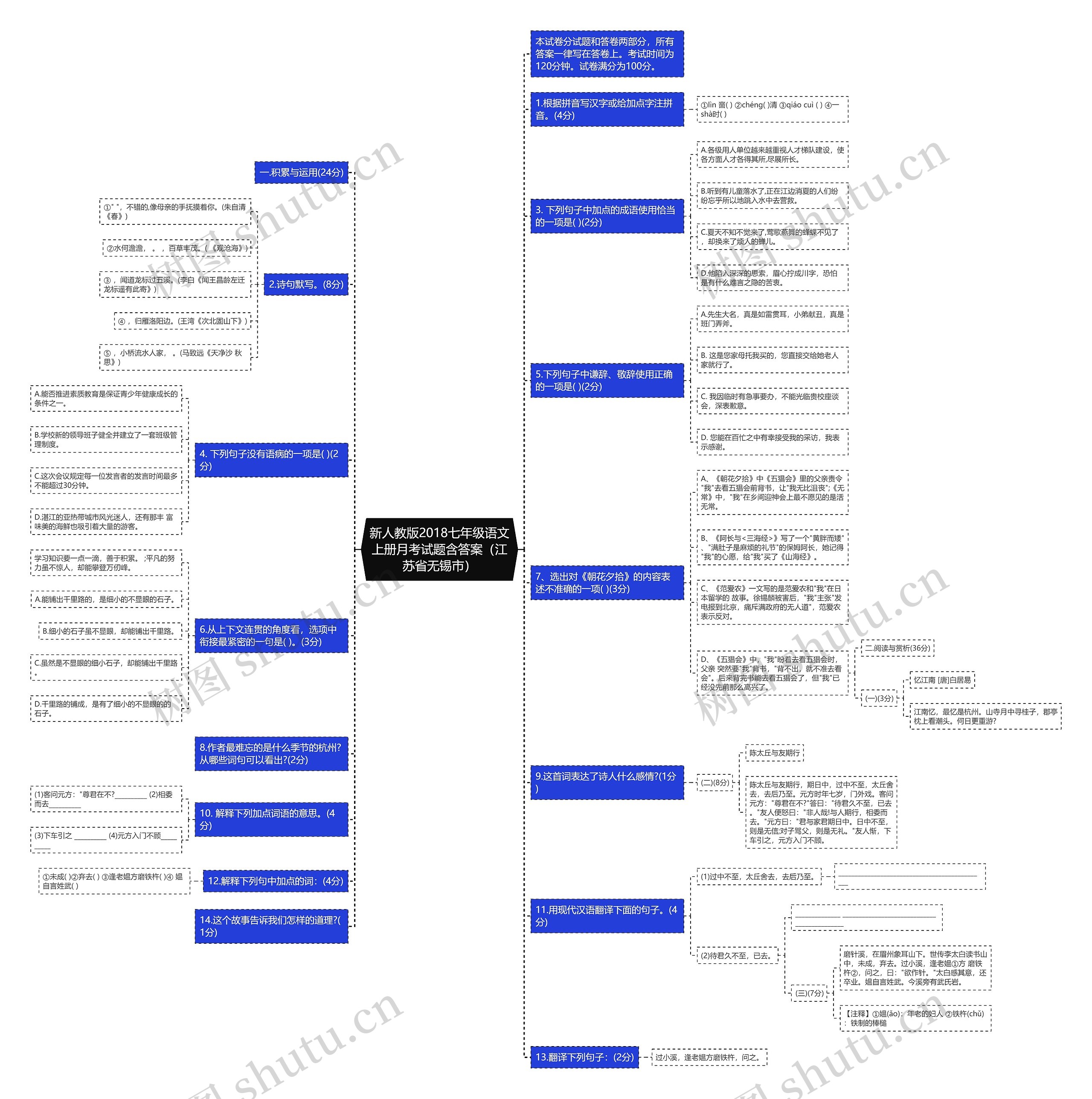 新人教版2018七年级语文上册月考试题含答案（江苏省无锡市）思维导图