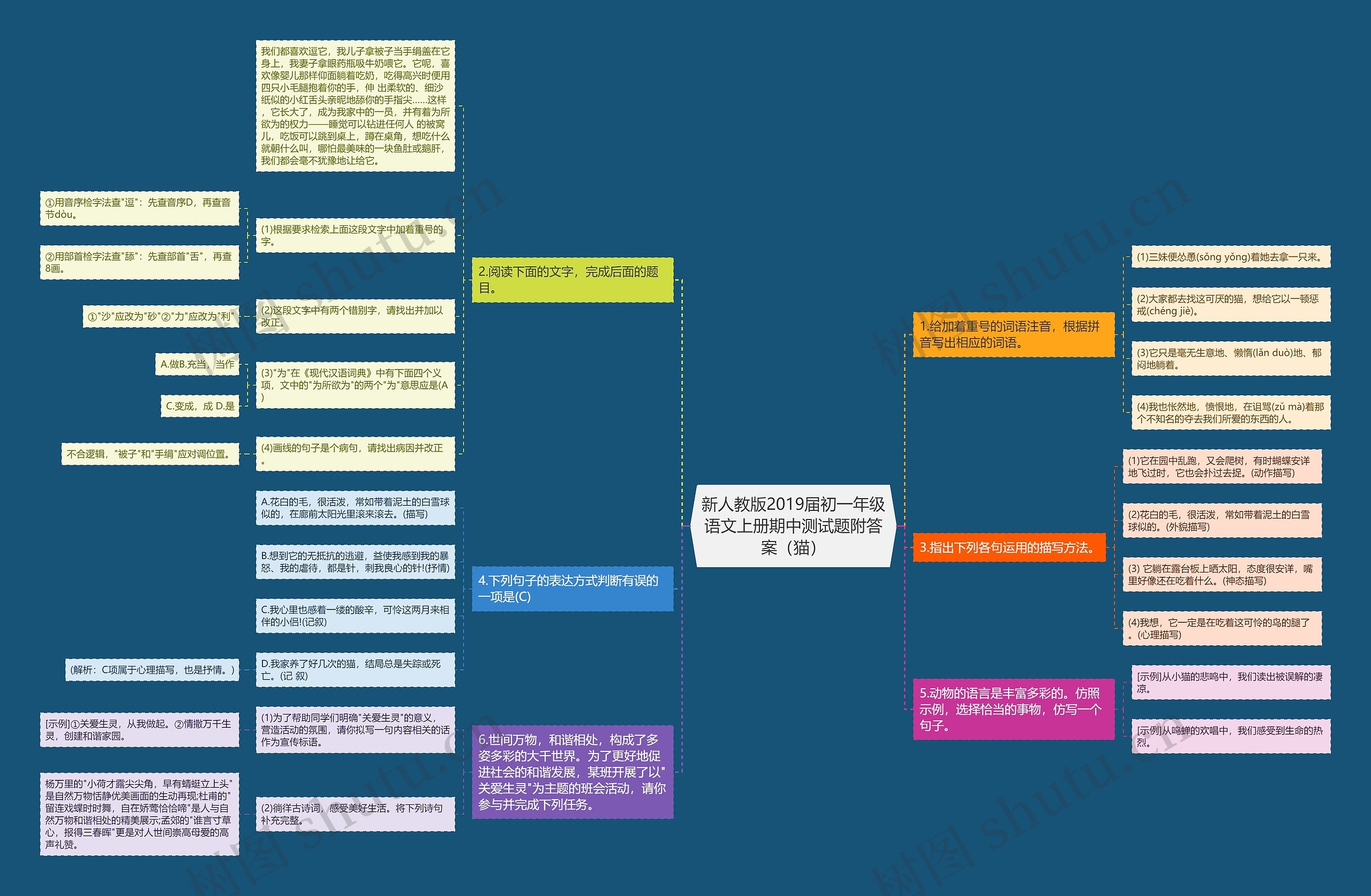 新人教版2019届初一年级语文上册期中测试题附答案（猫）思维导图