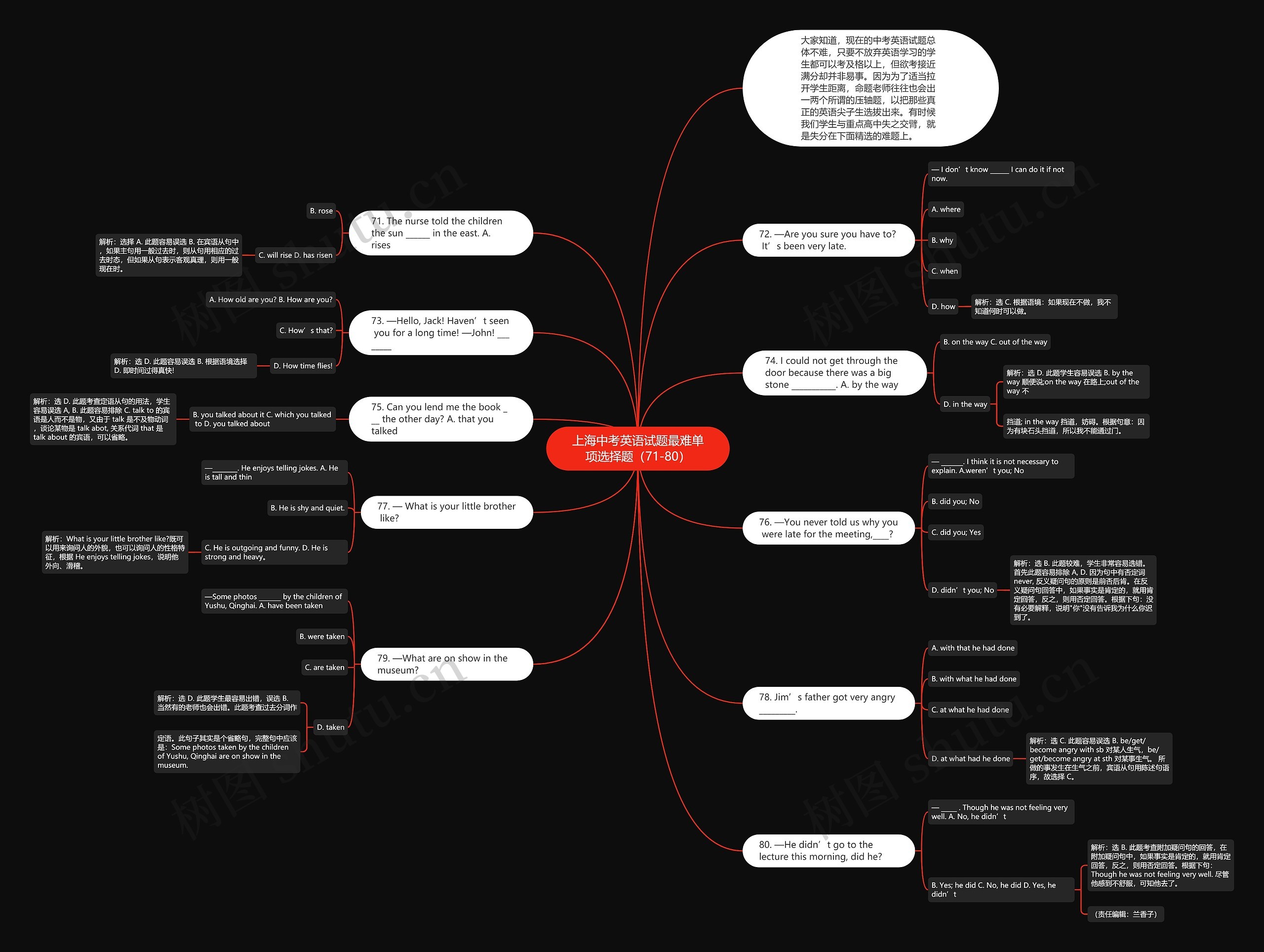 上海中考英语试题最难单项选择题（71-80）思维导图